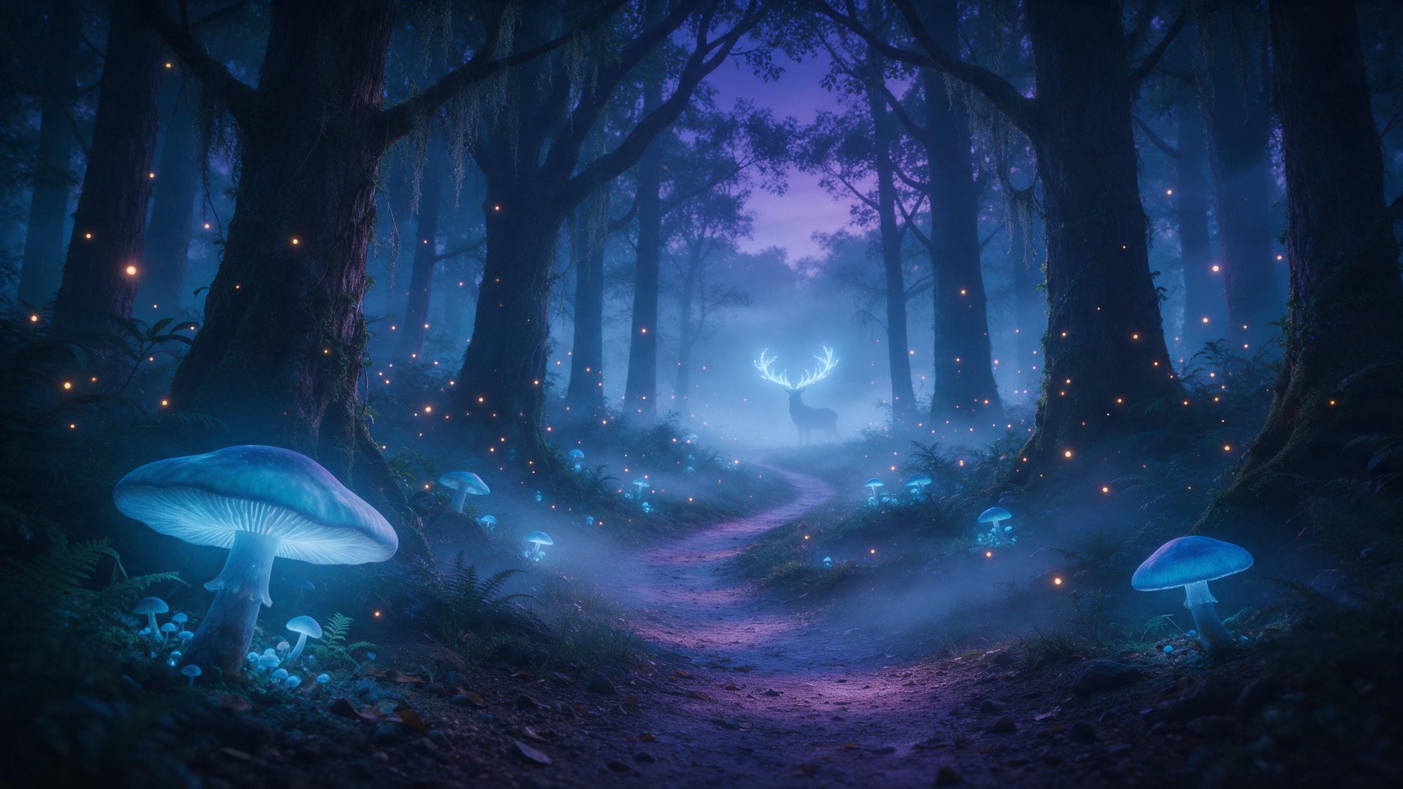 A misty ancient forest at twilight, giant glowing blue mushrooms along a winding path, fireflies drifting like lanterns, a faint silhouette of a deer with antlers of light, soft volumetric fog, deep teal and violet palette, ethereal atmosphere, cinematic composition with leading lines