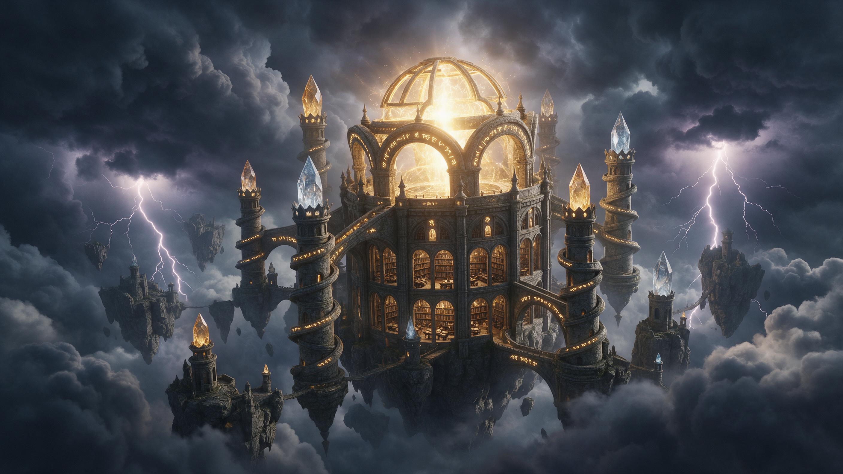An ancient floating library suspended amidst stormy clouds, spiral towers of stone and crystal, glowing runes etched on arches, golden magical light spilling from the open central dome, lightning illuminating the scene, cinematic wide-angle composition, eerie atmosphere
