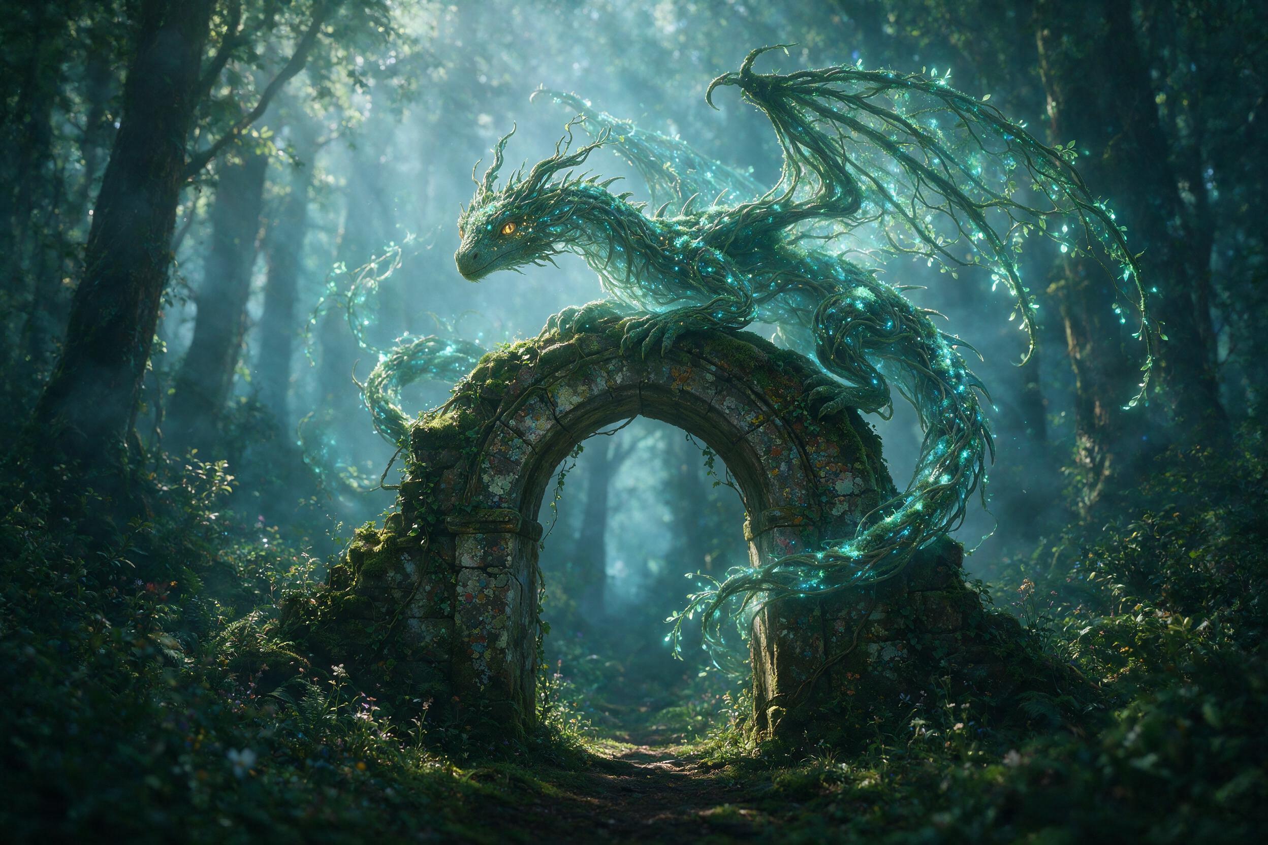 A glowing, translucent dragon made of bioluminescent moss and vines curls around an ancient stone archway in a misty forest, soft blue and green light rays pierce the canopy, dappled shadows, shallow depth of field, natural sunlight filtering through fog.