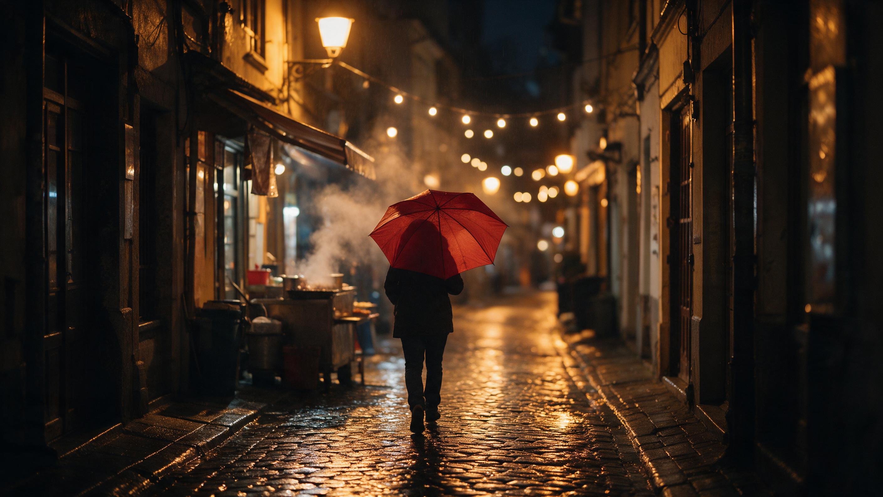 Cozy rainy evening in a narrow old-town alley, wet cobblestones reflecting warm amber streetlights, a lone person with a red umbrella walking away, steam rising from a nearby food stall, soft bokeh from hanging string lights, shallow depth of field, cinematic composition, gentle drizzle visible in t