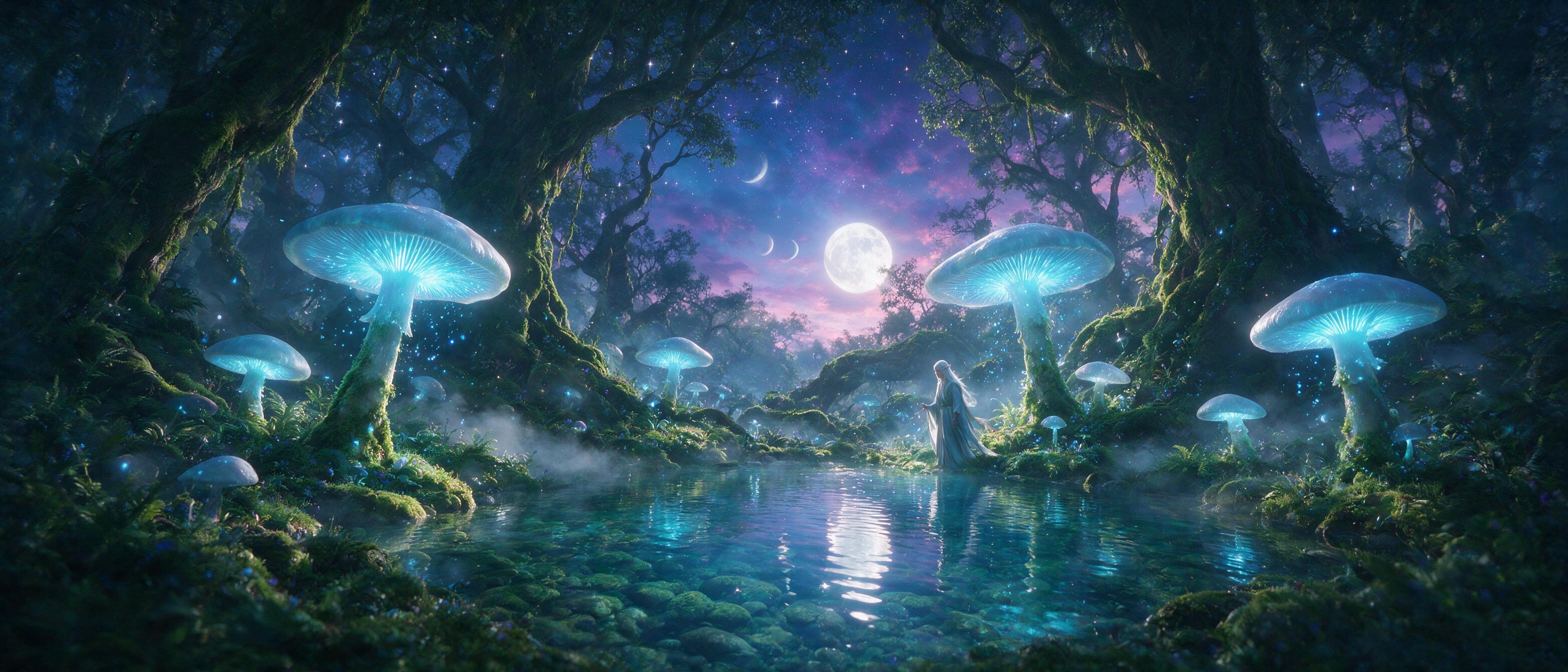 An ethereal forest at twilight, massive glowing mushrooms with bioluminescent blue spores drift in the air, a silver-haired elf in flowing robes stands beside a crystal-clear pond, reflection of twin moons, soft mist, gentle volumetric lighting, cinematic composition, slight camera shake