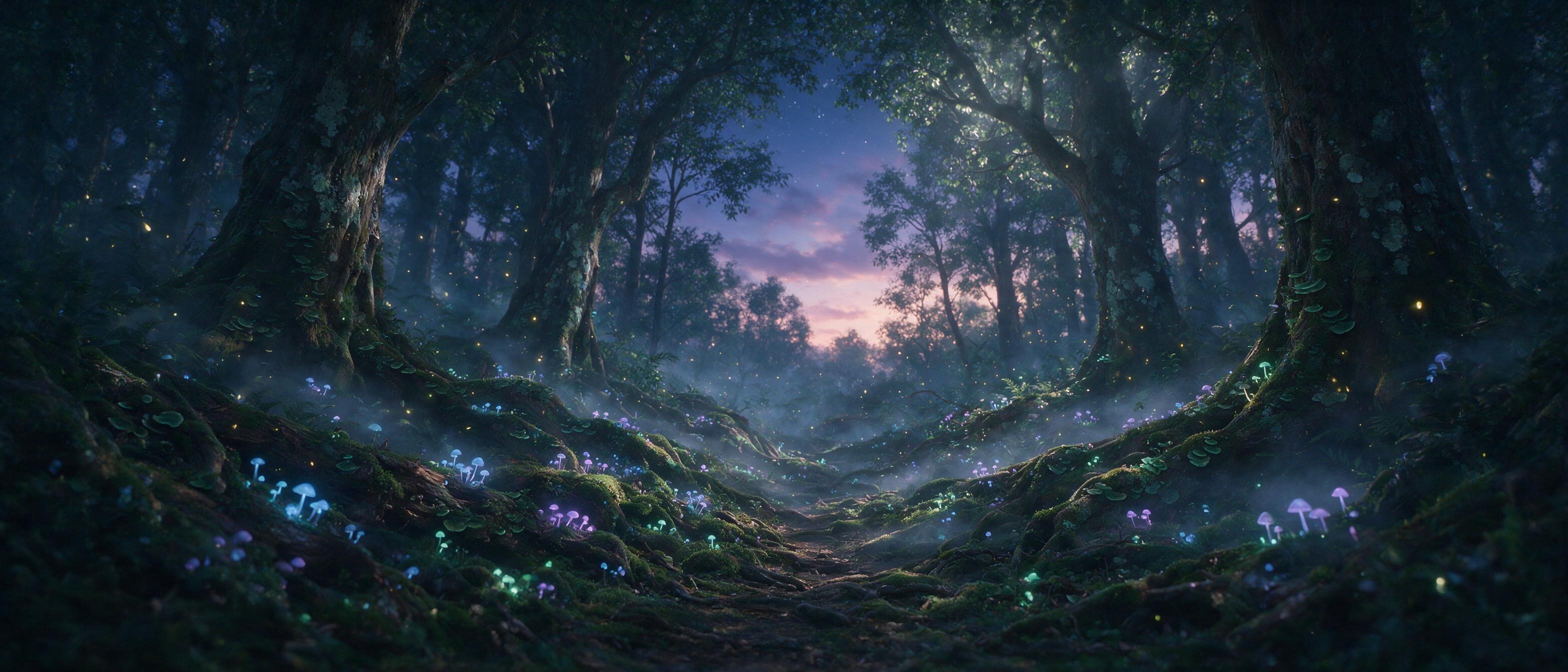 A mystical glowing forest at twilight, bioluminescent mushrooms and floating fireflies, ancient twisted tree roots, soft mist weaving through the air, ethereal blue and purple hues, gentle moonlight filtering through the canopy, dreamlike atmosphere, cinematic composition, soft focus
