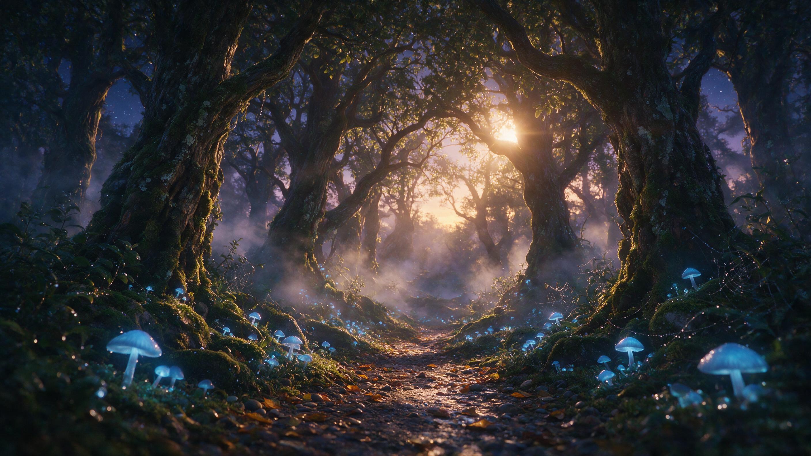 A mystical forest at twilight, glowing blue mushrooms lining a winding path, ethereal mist swirling between ancient gnarled trees, soft golden light filtering through canopy, shallow depth of field, cinematic composition, slight lens flare, warm amber tones contrasting with cool purples, water dropl