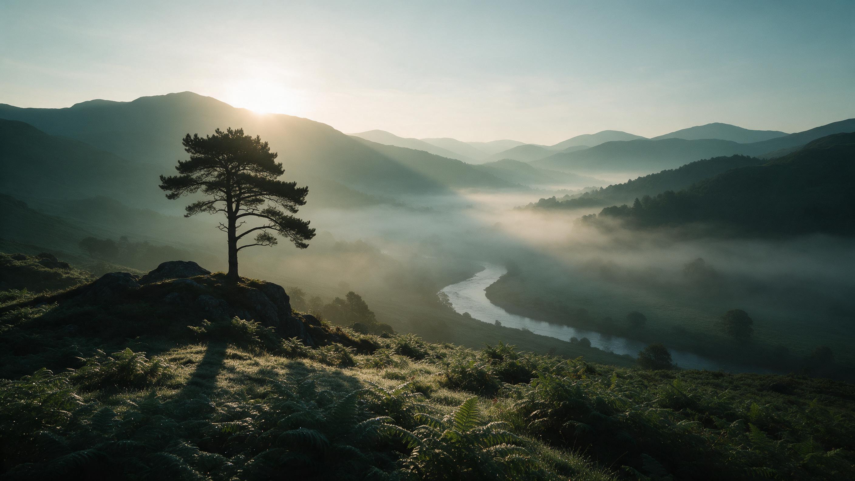 A misty mountain valley at dawn, layered ridges fading into soft teal haze, a lone pine silhouetted on a rocky outcrop, delicate fog drifts over a winding river below, warm golden sunlight breaks over the eastern peaks, long shadows stretch across dew-kissed ferns, serene atmosphere, wide compositio