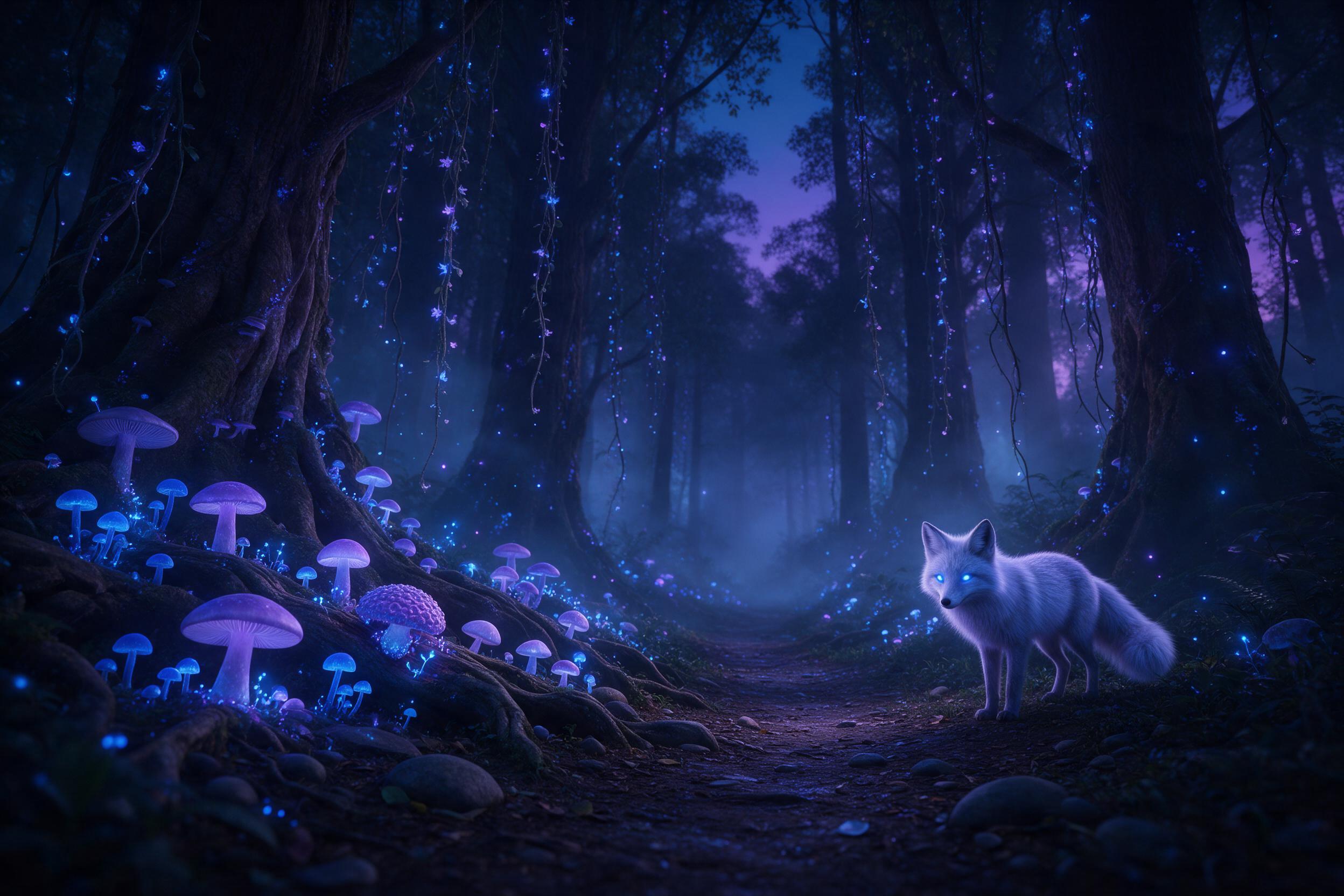 A vast bioluminescent forest at twilight, glowing blue and purple mushrooms and hanging vines illuminating the path, a faint mist weaving between ancient trees, a lone silver fox with glowing eyes, seen from a low wide-angle view, soft diffused light with a mysterious atmosphere