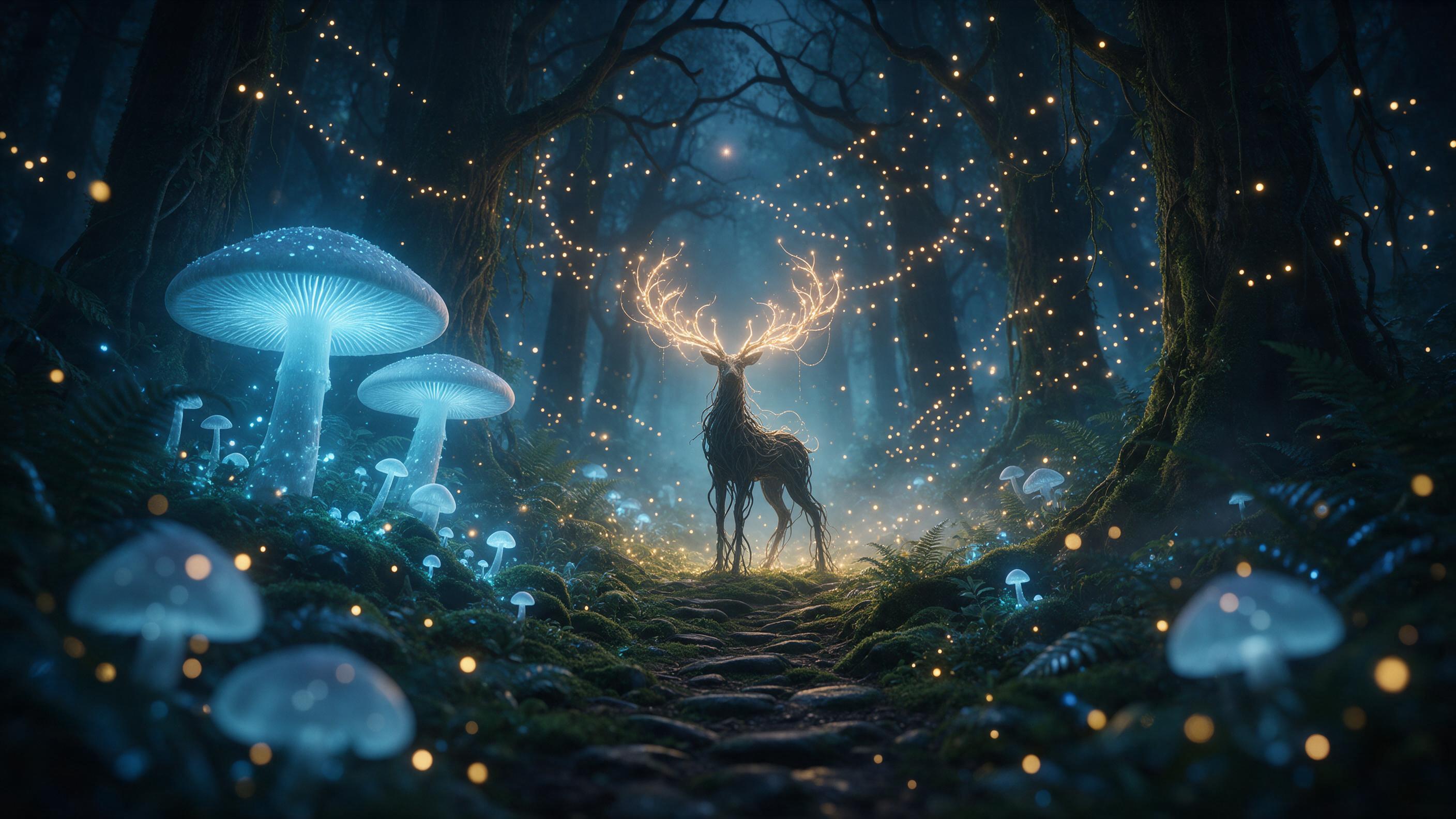 A mystical forest where giant glowing mushrooms cast soft blue light onto a mossy path, fireflies swirling like constellations, a silhouette of a deer with antlers made of glowing roots, mist weaving between ancient trees, ethereal atmosphere, cinematic composition, soft focus on foreground, warm go