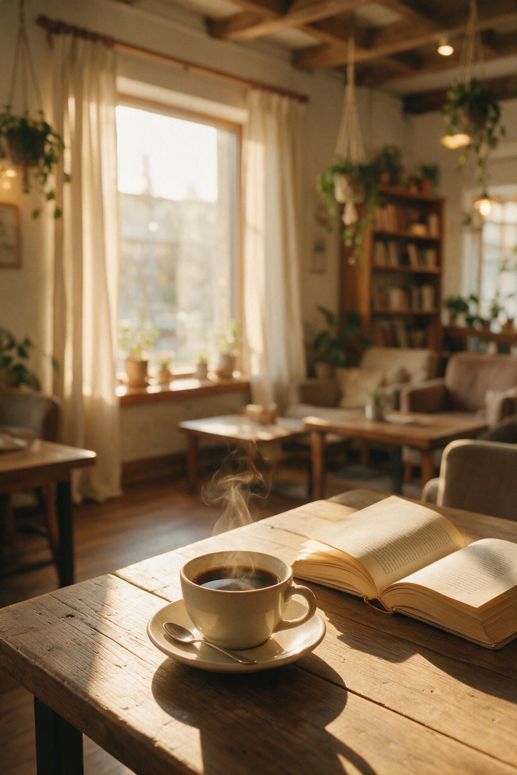 A cozy, warmly lit cafe interior at golden hour, with soft natural light streaming through a large window, casting long shadows on a wooden table with a steaming coffee cup and an open book, slight film grain, shallow depth of field, focus on the table, blurred background of hanging plants and shelv