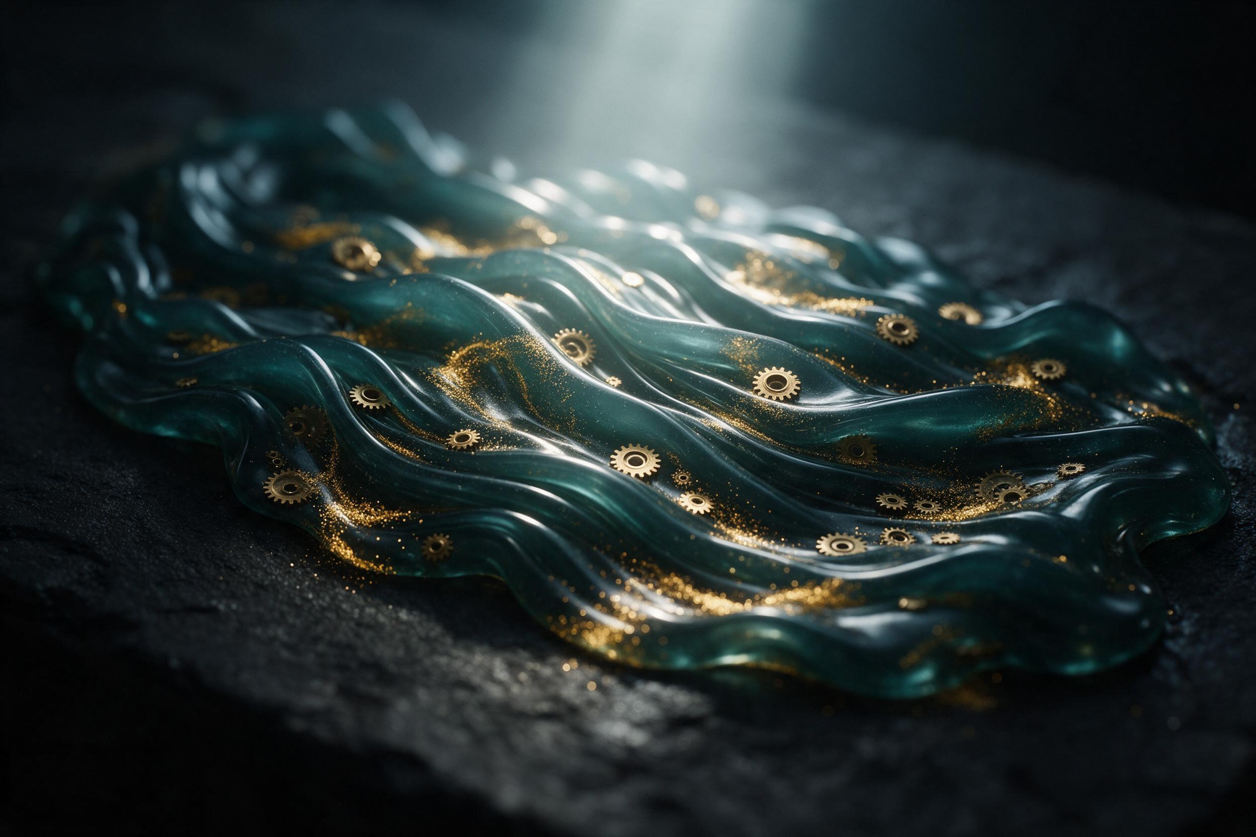 A deep teal river of molten glass with viscous folds, embedded with tiny brass gears and swirling golden dust, illuminated by a single shaft of cold morning light from above, on a black stone bed, macro detail, slight blur near edges