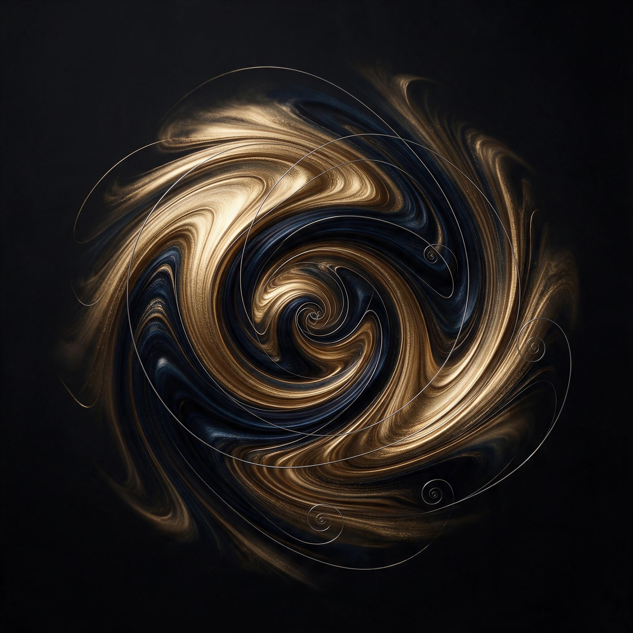 A swirling vortex of molten gold and deep indigo fluid, with thin silver lines tracing Fibonacci spirals, set against a matte black background. Dramatic side lighting creates sharp glints on the metallic surface, while soft shadows add depth. Minimalist composition, centered, with delicate texture a