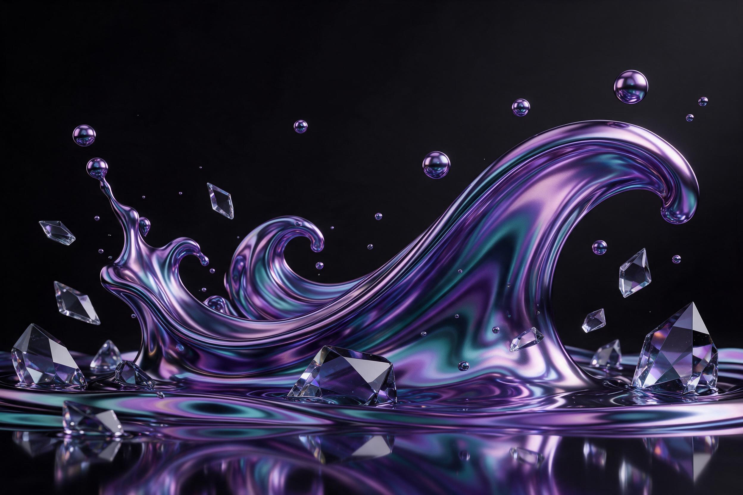 Liquid chrome waves frozen in mid-air, iridescent hues of violet and teal swirling, sharp geometric glass shards refracting light, deep black background, dramatic studio lighting, subtle reflections on glossy surface, ultra-clean composition