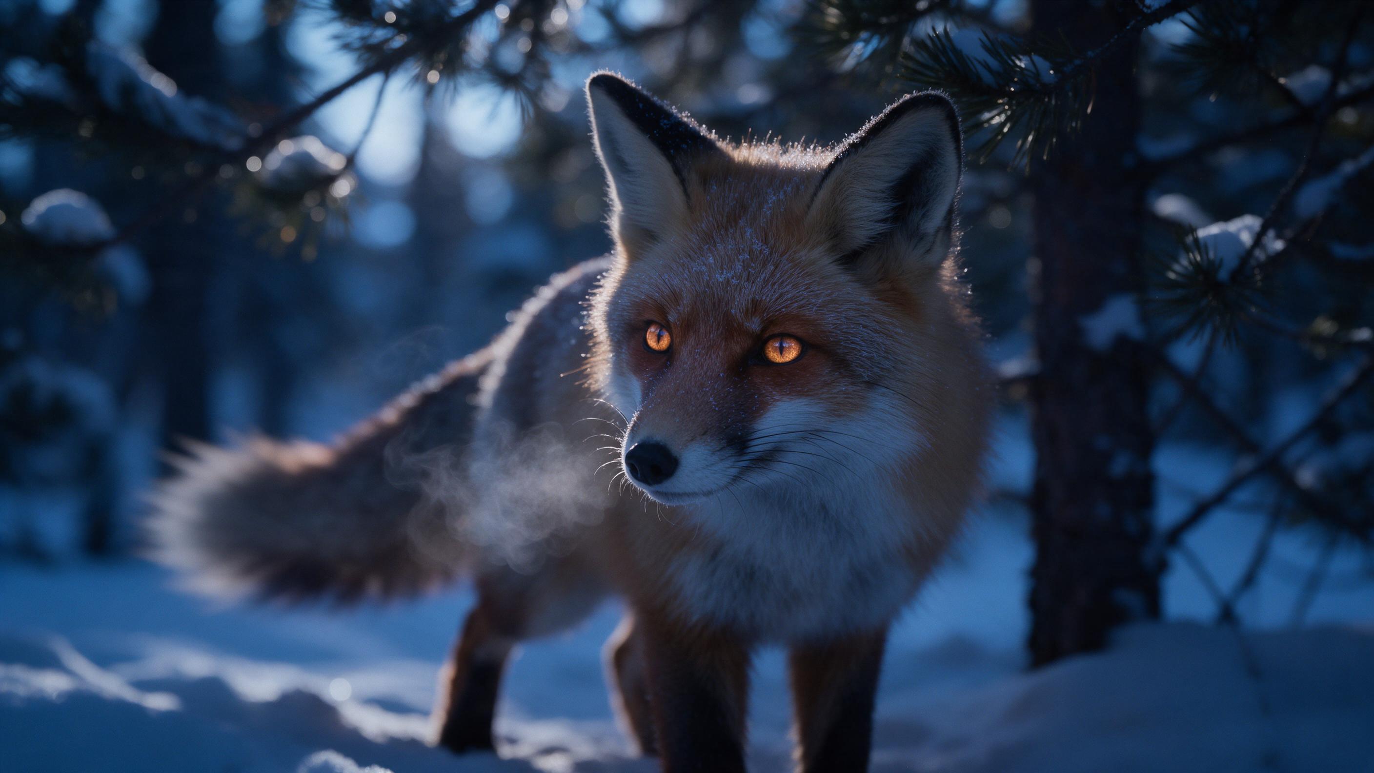 A red fox in a snowy forest at twilight, breath visible in the cold, fur textured with frost, soft blue ambient light filtering through pine branches, subtle motion blur on tail, shallow depth of field focused on amber eyes, natural cinematic composition
