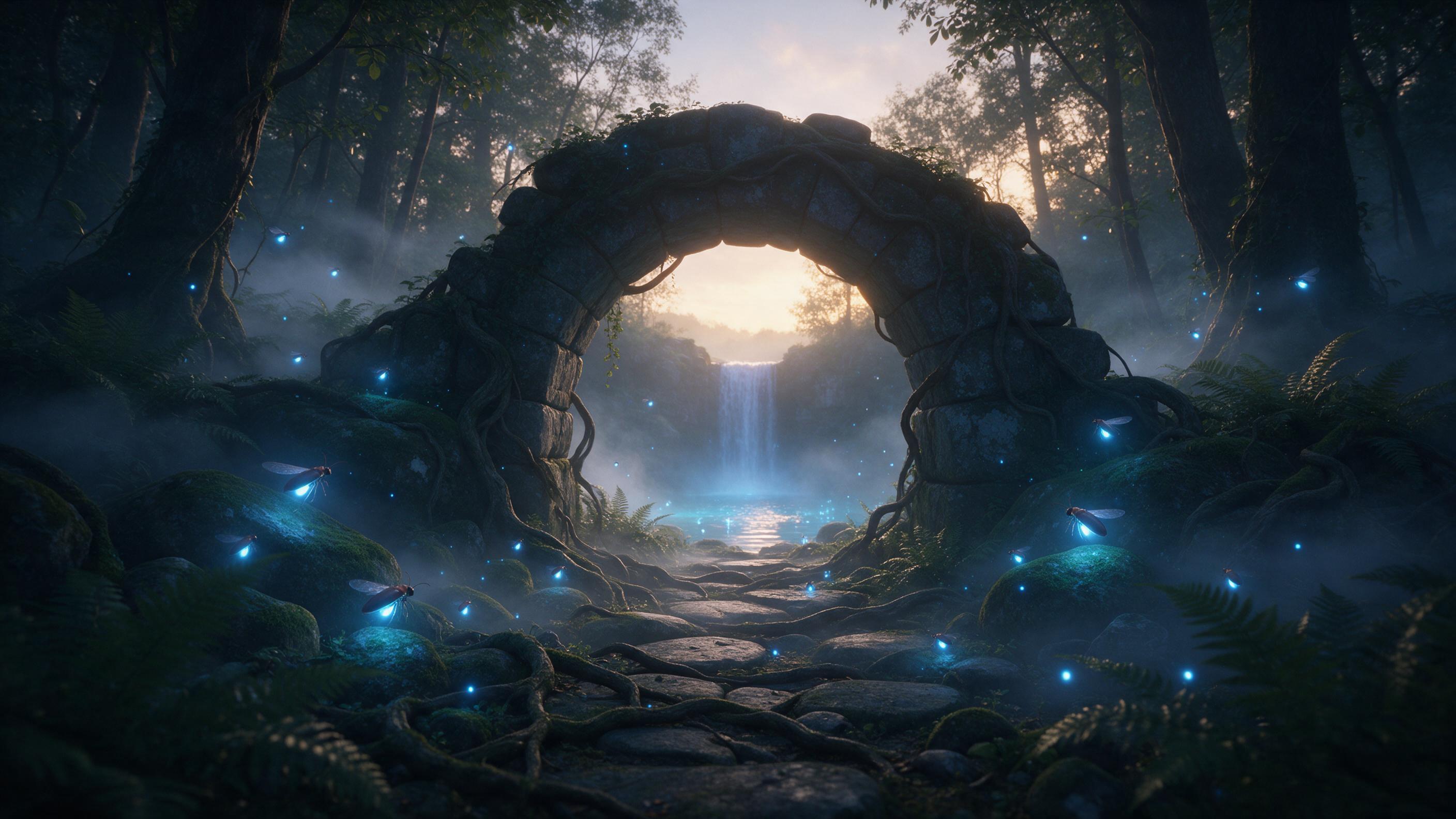 A hidden forest glade at dawn, where giant fireflies emit soft blue light, illuminating ancient moss-covered stones and twisting roots. Thick mist weaves through ferns, and a distant waterfall cascades into a glowing pool. Composition: wide shot, centered on a weathered stone arch. Lighting: warm go