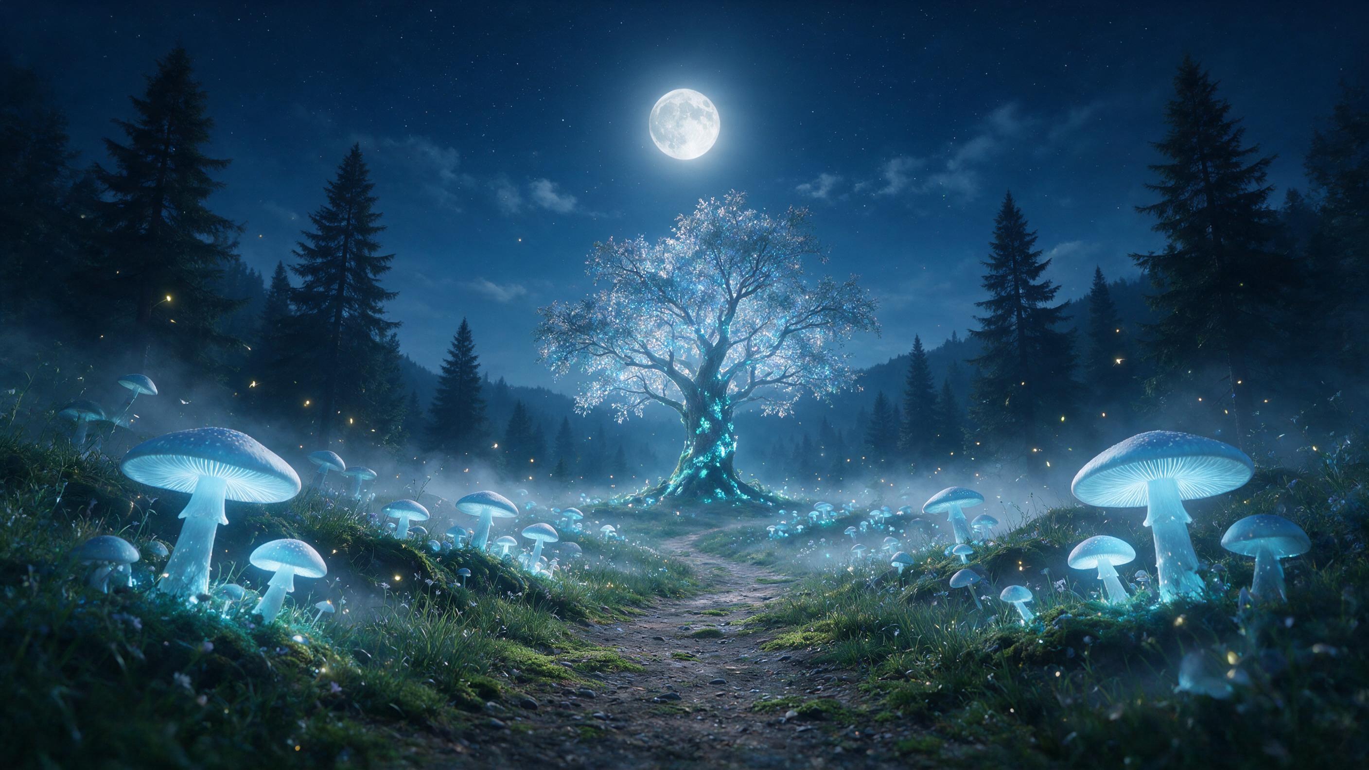 A moonlit forest clearing where giant glowing mushrooms cast soft blue light on a winding path; delicate fireflies drift through the air, and a faint mist hugs the ground. Composition centers on the path leading to a distant, luminous tree, with layered silhouettes of pines. Cool, ethereal atmospher
