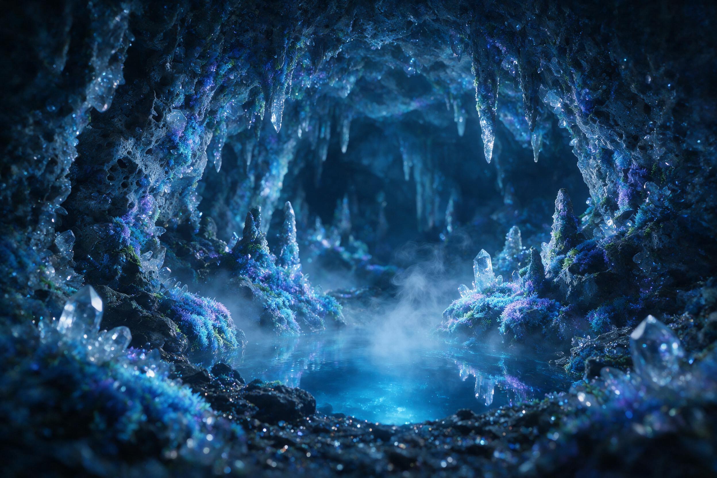 A luminous crystal cave deep underground, glowing blue and purple bioluminescent moss covers the jagged walls, a small glowing pool reflects the light, soft mist rises, ethereal atmosphere, shallow depth of field, wide angle composition