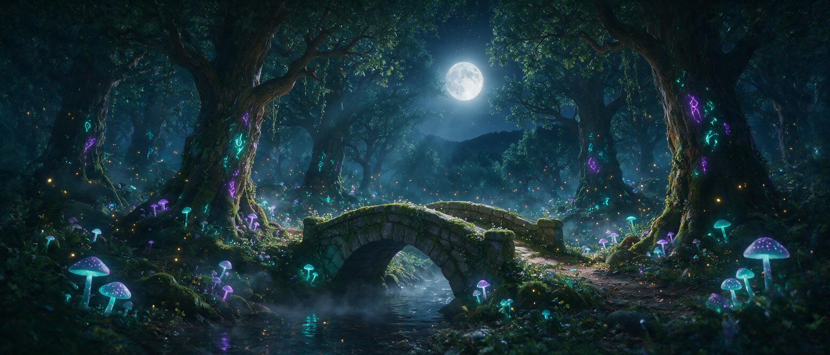 A moonlit enchanted forest, bioluminescent mushrooms glowing teal and violet, ancient twisted trees with glowing runes, a small stone bridge over a misty stream, fireflies, soft volumetric light rays through canopy, magical atmosphere, cinematic composition
