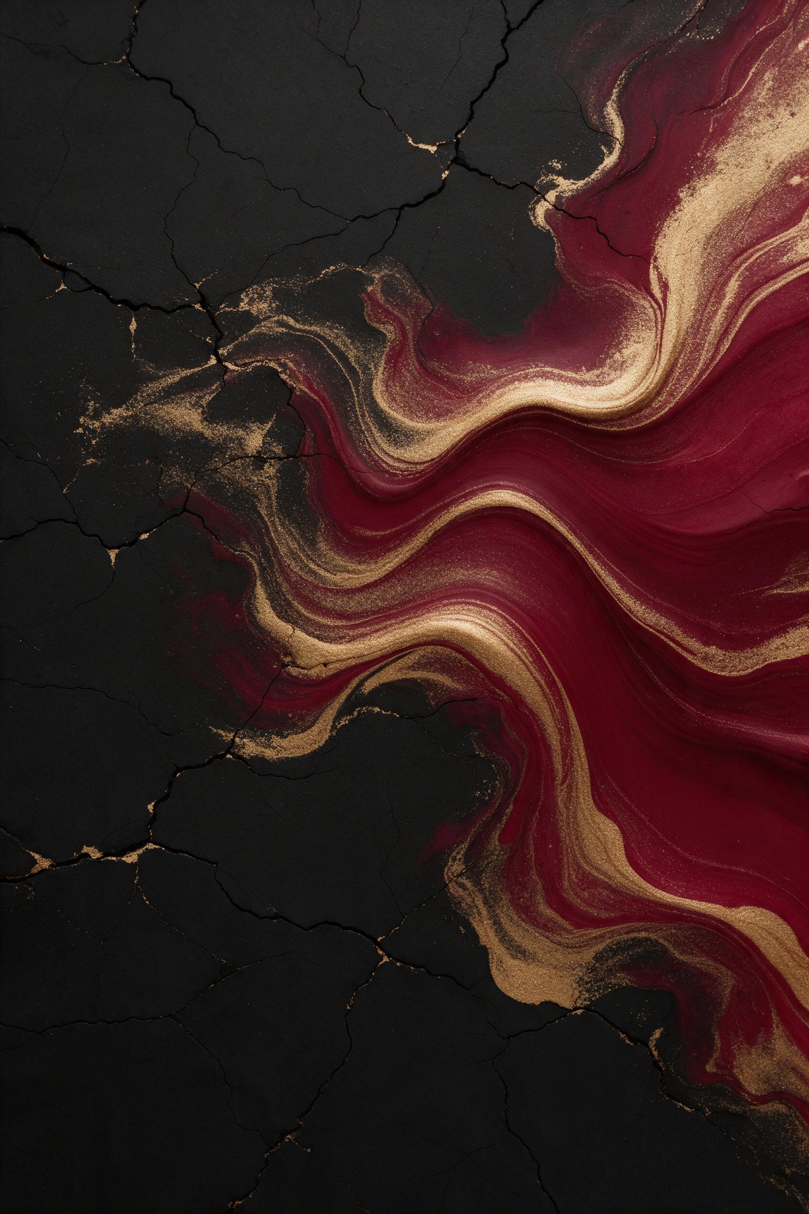 A minimalist fluid art composition, waves of deep crimson and gold merging over a cracked matte black surface, soft diffused light creating gentle sheen, top-down view, balanced negative space, subtle texture details.