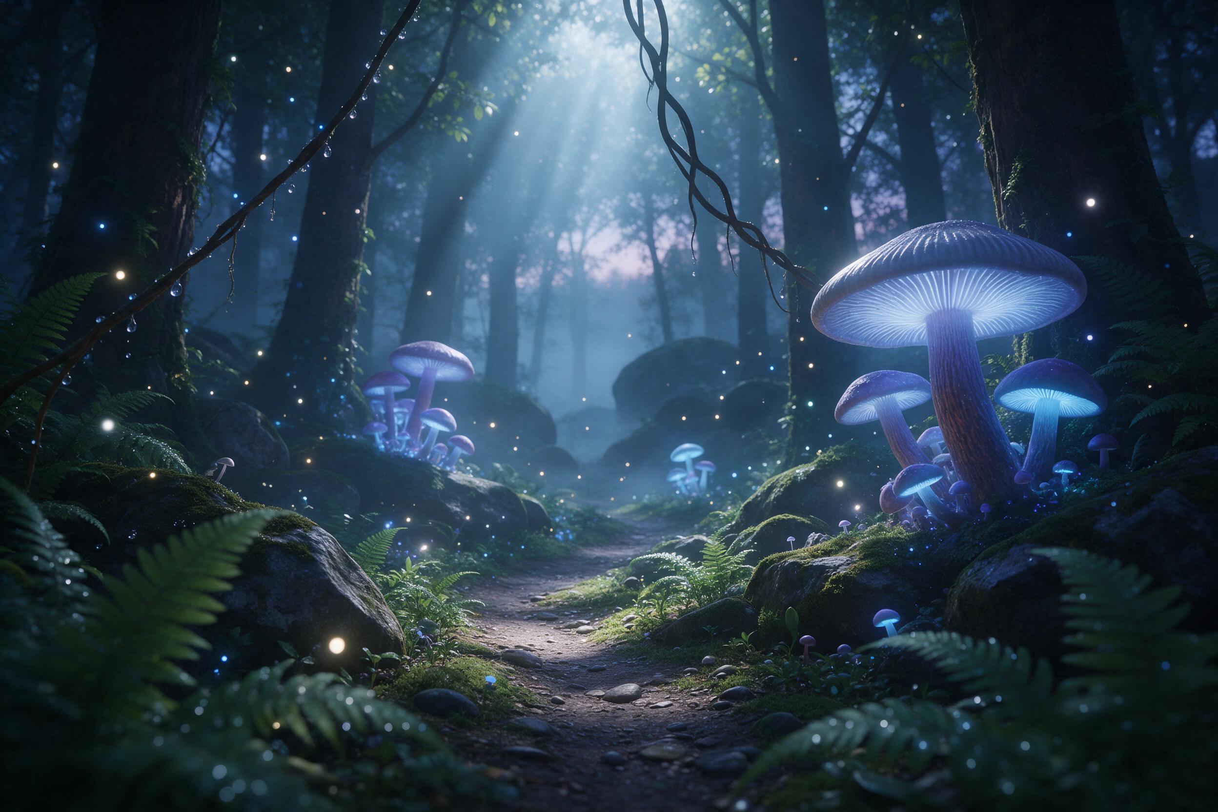 An ancient glowing forest at twilight, where giant bioluminescent mushrooms cast soft blue and violet light on mossy stones, a winding path disappears into mist, fireflies drift like stars, delicate ferns and hanging vines frame the scene, volumetric god rays break through the canopy, ethereal atmos