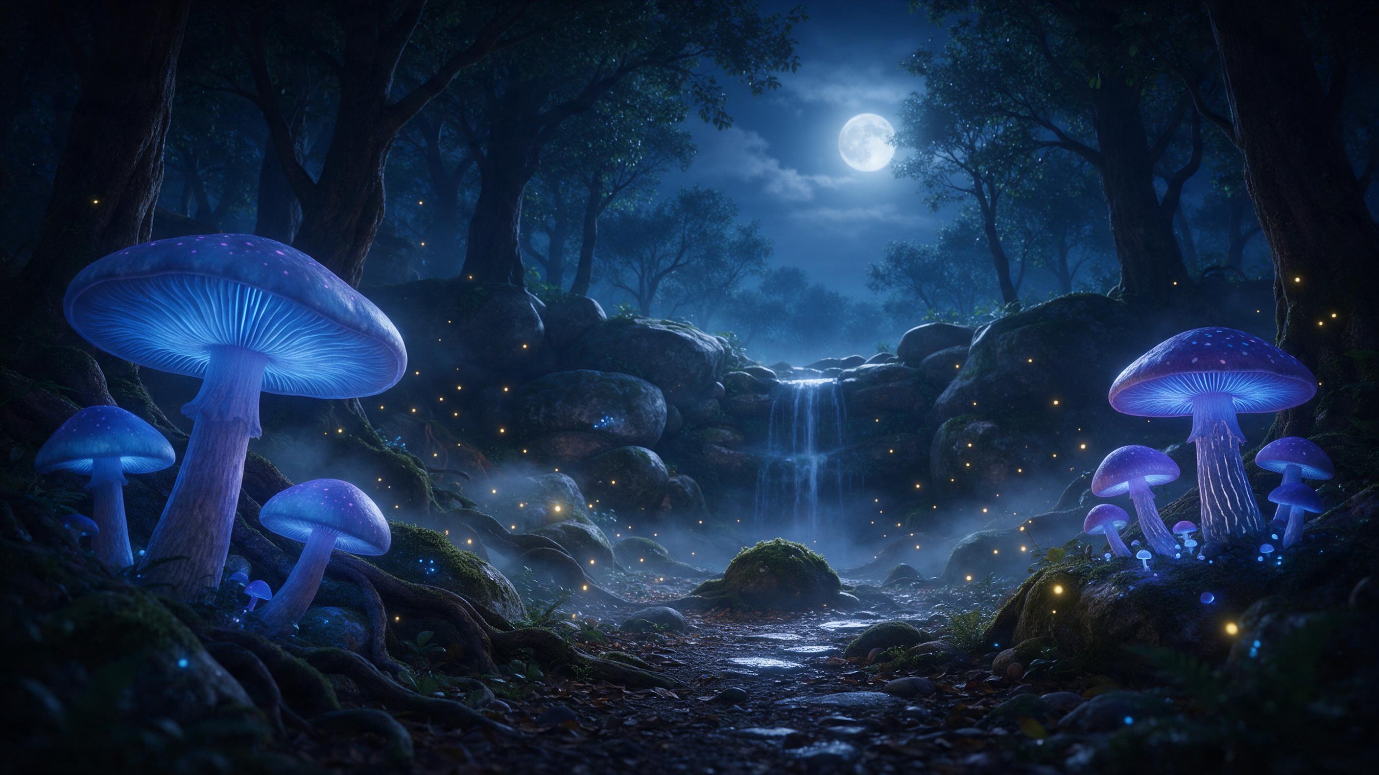 A moonlit forest glade where giant bioluminescent mushrooms cast soft blue and violet light, fireflies drift among ancient mossy stones, a silver mist curls between gnarled roots, gentle waterfall in background, cinematic composition with foreground fungi framing the scene, ethereal glow, natural te