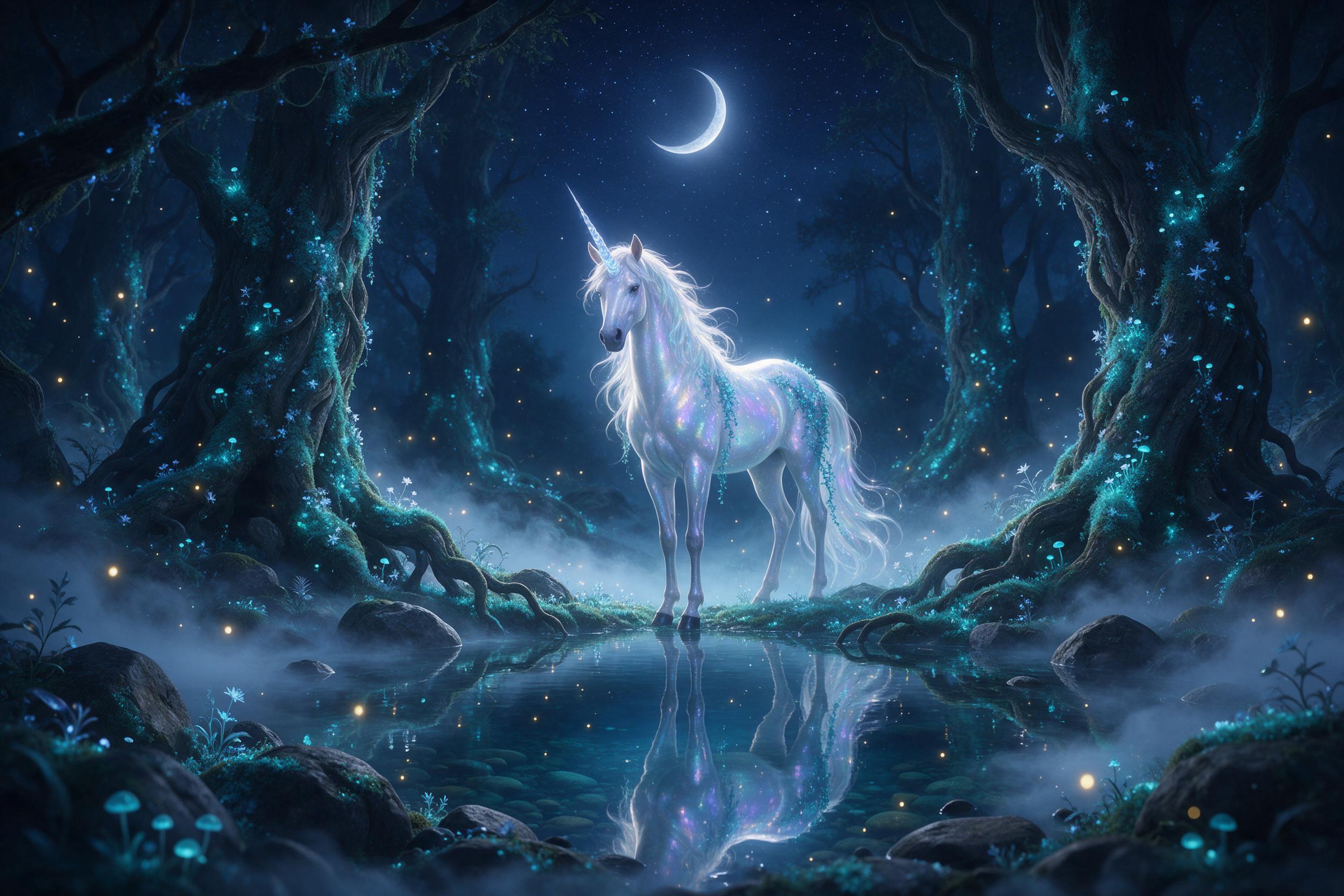 A moonlit forest clearing with a glowing, iridescent unicorn standing beside a crystal-clear pond. Fireflies drift in the air, and ancient trees have soft, bioluminescent moss. Mist swirls low, lit by the crescent moon. Composition: centered, low angle, magical atmosphere.