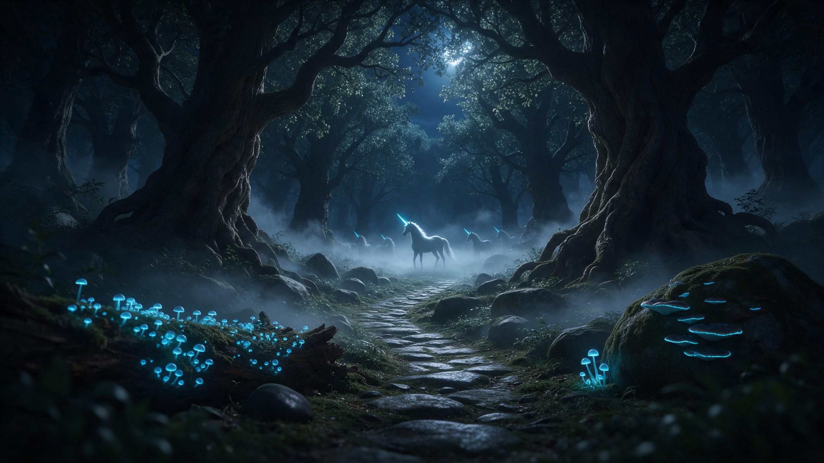 An ancient forest clearing bathed in silver moonlight, where bioluminescent blue mushrooms line a mossy stone path, a swirling mist reveals a distant silhouette of a unicorn with a glowing horn, soft dappled light filters through gnarled branches, muted earthy tones with cyan accents, slight camera 