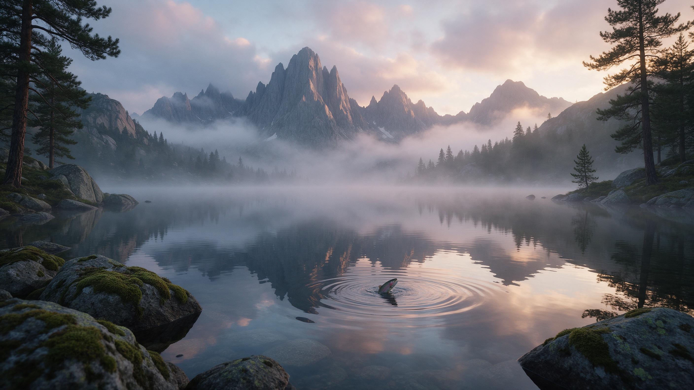 A misty alpine lake at dawn, glassy water reflecting jagged granite peaks, soft pink and gold light breaking through low clouds, foreground rocks draped in moss, pine trees framing the shore, gentle ripples from a rising trout, quiet atmosphere