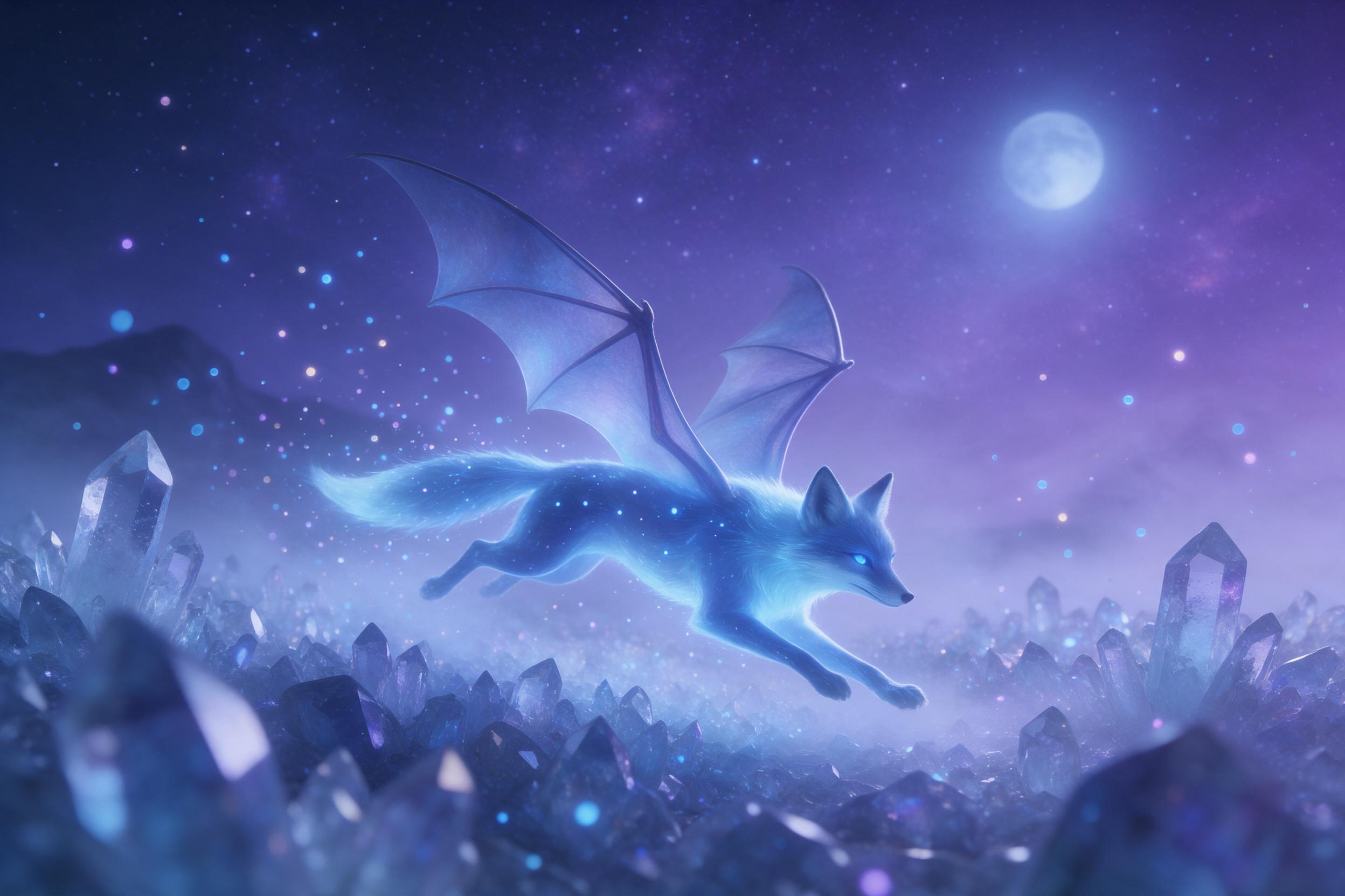 A glowing blue etheral fox with translucent wings, running across a crystal field under a violet starry sky, moonlit mist, scattered luminous spores in the air, cinematic composition, serene yet surreal