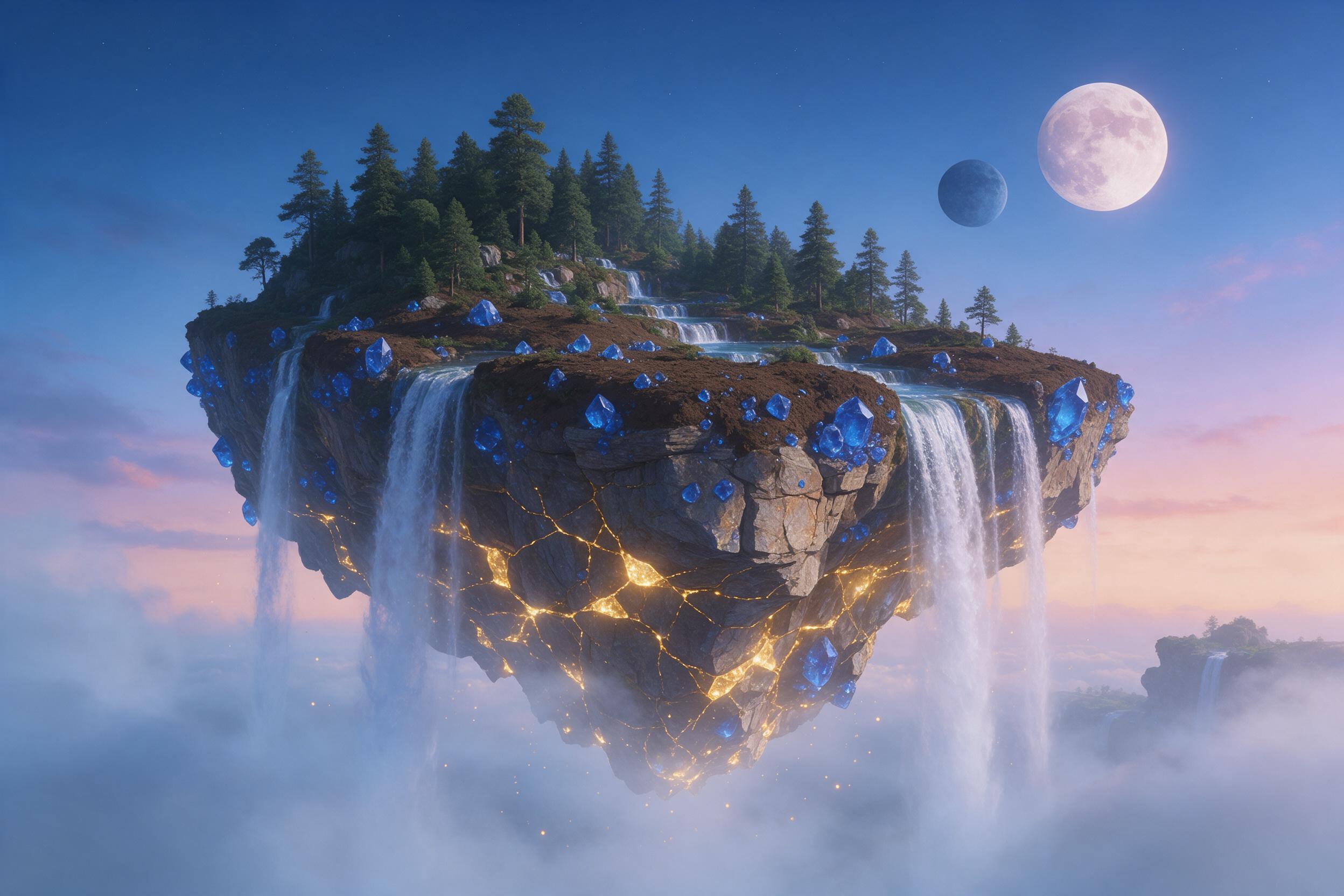 An ancient floating island with cascading waterfalls, glowing blue crystals embedded in earth, surrounded by soft mist, twilight sky with two moons, warm golden light from crystal veins, composition centered with island slightly off-center, depth of field showing distant clouds