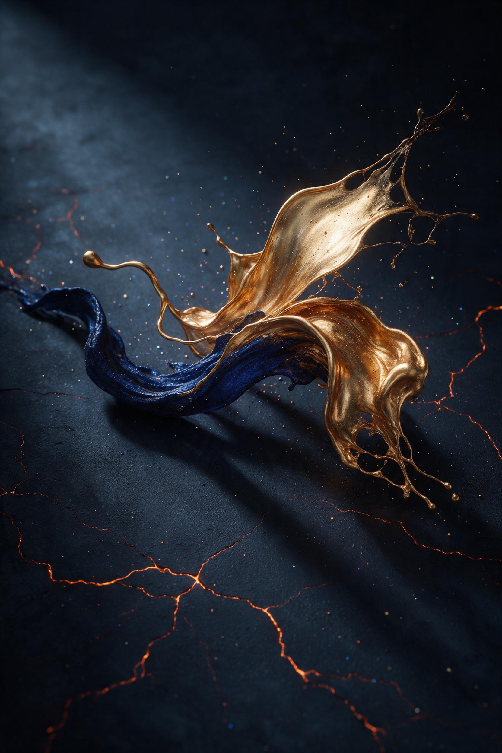 Swirling ribbons of molten gold and deep indigo collide over a dark matte surface, frozen mid-motion, with fine cracks glowing ember-orange at the edges. A single soft directional light from upper left casts long shadows, revealing iridescent micro-flecks. Composition balanced asymmetrically, empty 