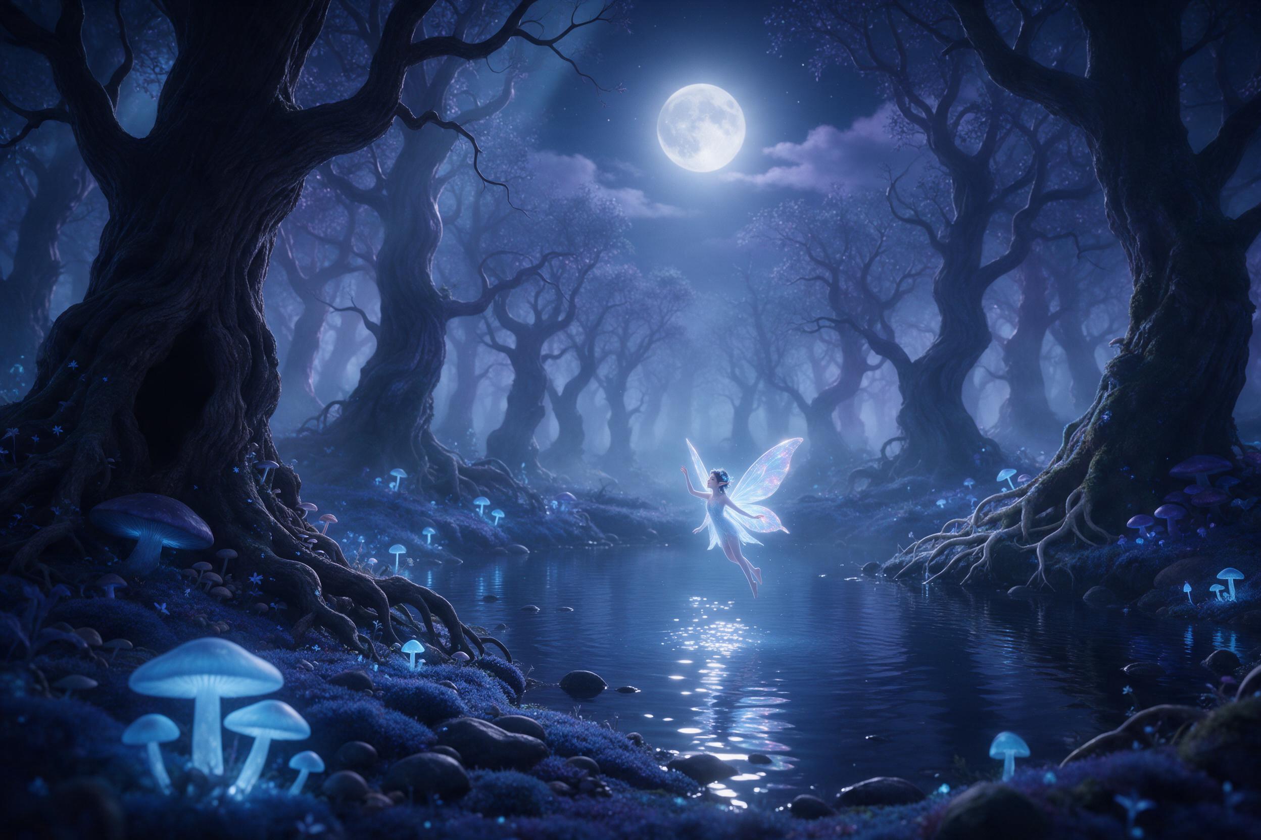 A moonlit enchanted forest clearing, glowing blue mushrooms dotting mossy ground, silver mist weaving between ancient gnarled trees, a small shimmering faerie with translucent wings hovering over a still pond, the moon's reflection fragmented on water, cool blue and purple palette, soft dreamy focus
