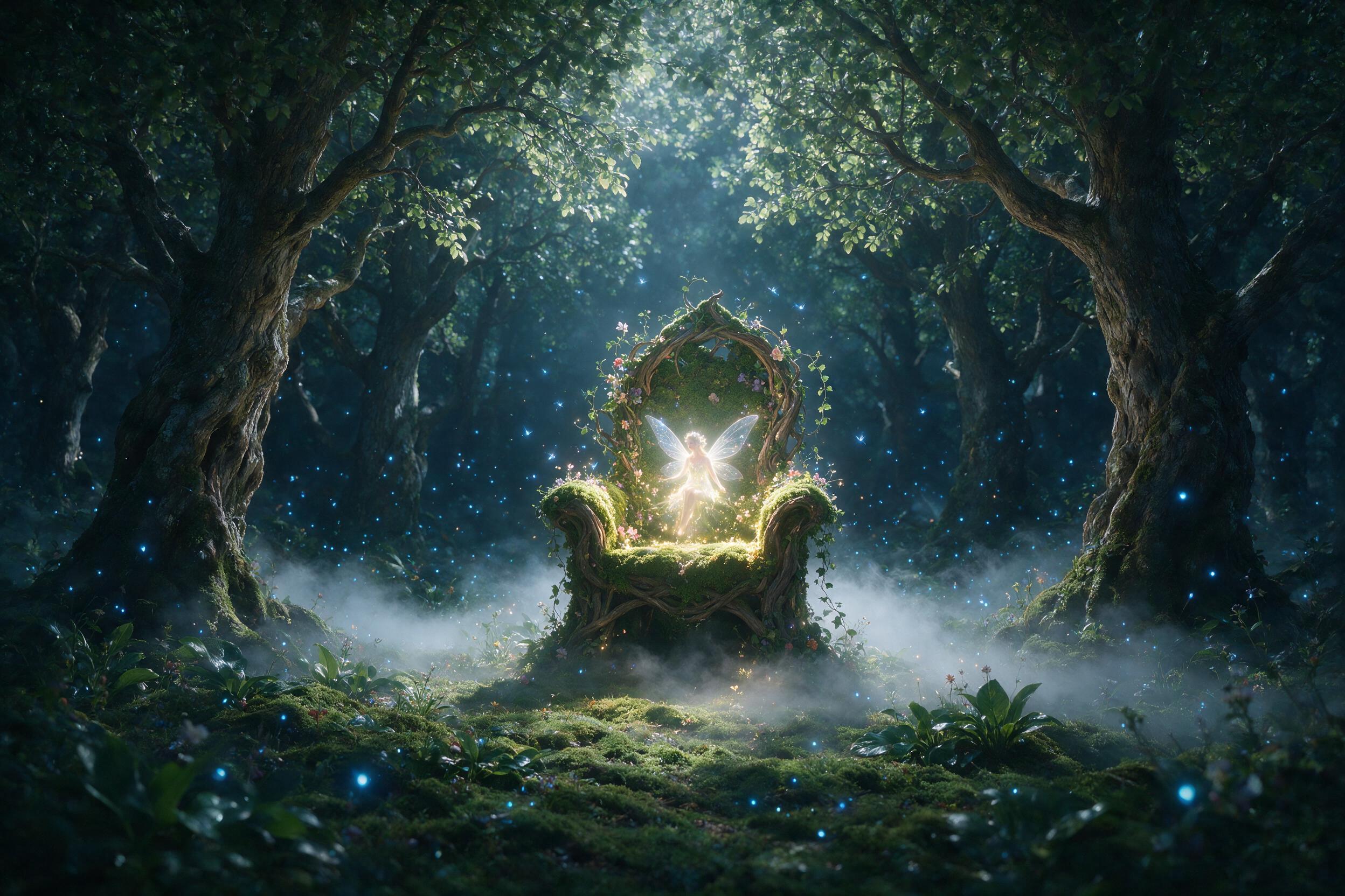 A luminous fairy queen with translucent wings sits on a mossy throne in a moonlit forest glade, surrounded by floating blue fireflies. Soft mist hugs the ground, with tall ancient trees arching overhead. Warm golden light from the throne contrasts with cool moonlight filtering through leaves.