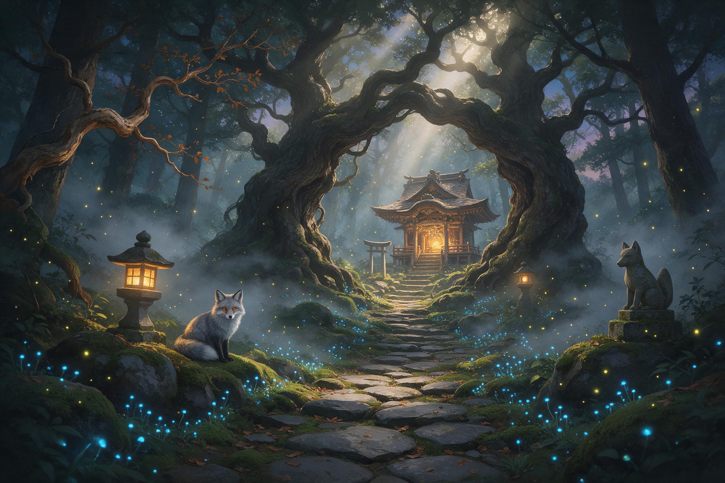 A hidden forest shrine at twilight, glowing blue mushrooms line a mossy stone path, ancient twisted oaks form a natural arch, soft mist drifts between trunks, a lone fox with silver fur sits near a small lantern, fireflies illuminate the air, ethereal light rays pierce the canopy, painterly style wi