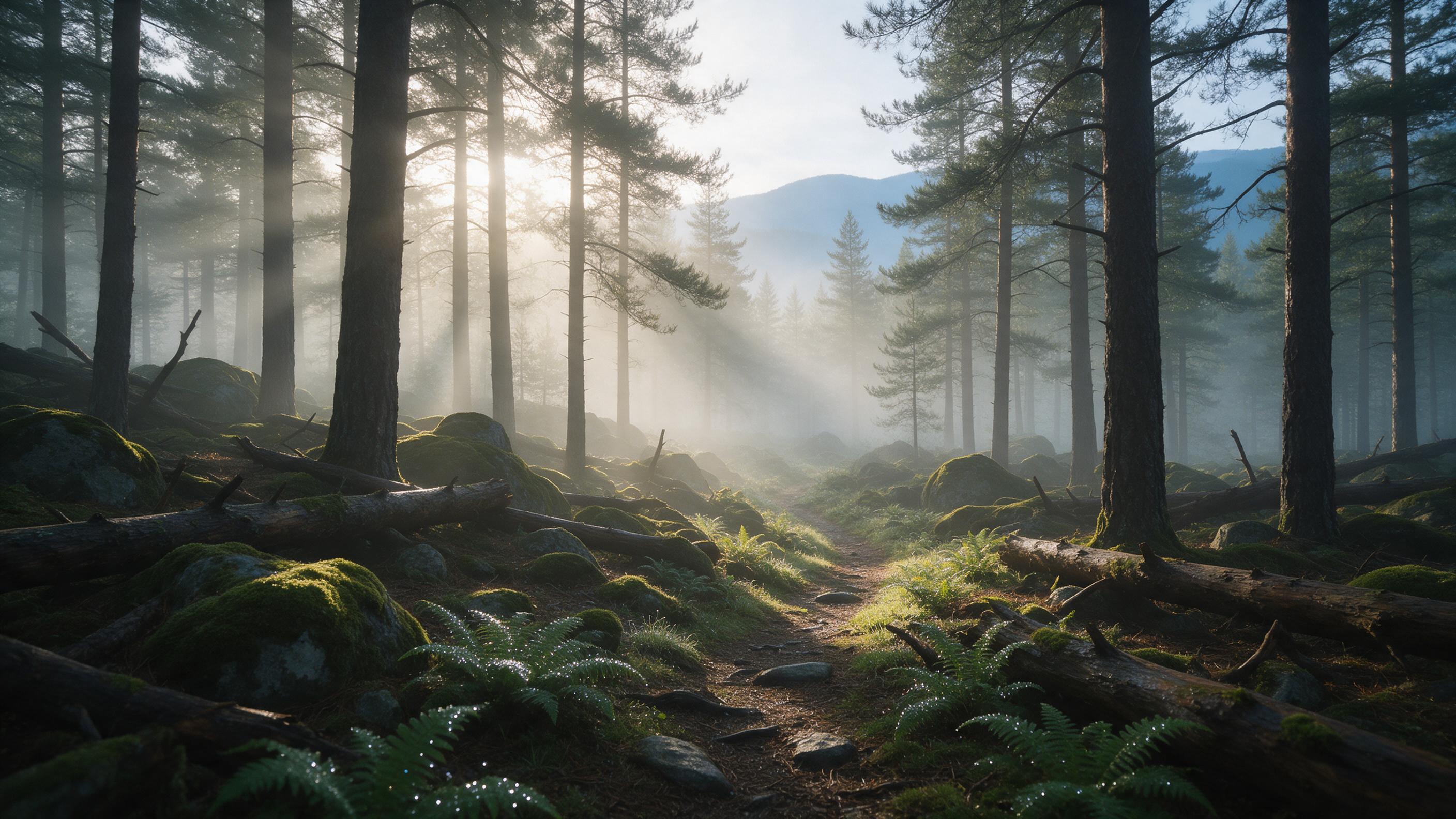 A misty pine forest at dawn, sunrays piercing through fog, moss-covered rocks and fallen logs, a narrow winding path leading into the trees, soft golden light on the forest floor, distant blue mountains in the haze, fresh dew on ferns, tranquil and serene atmosphere