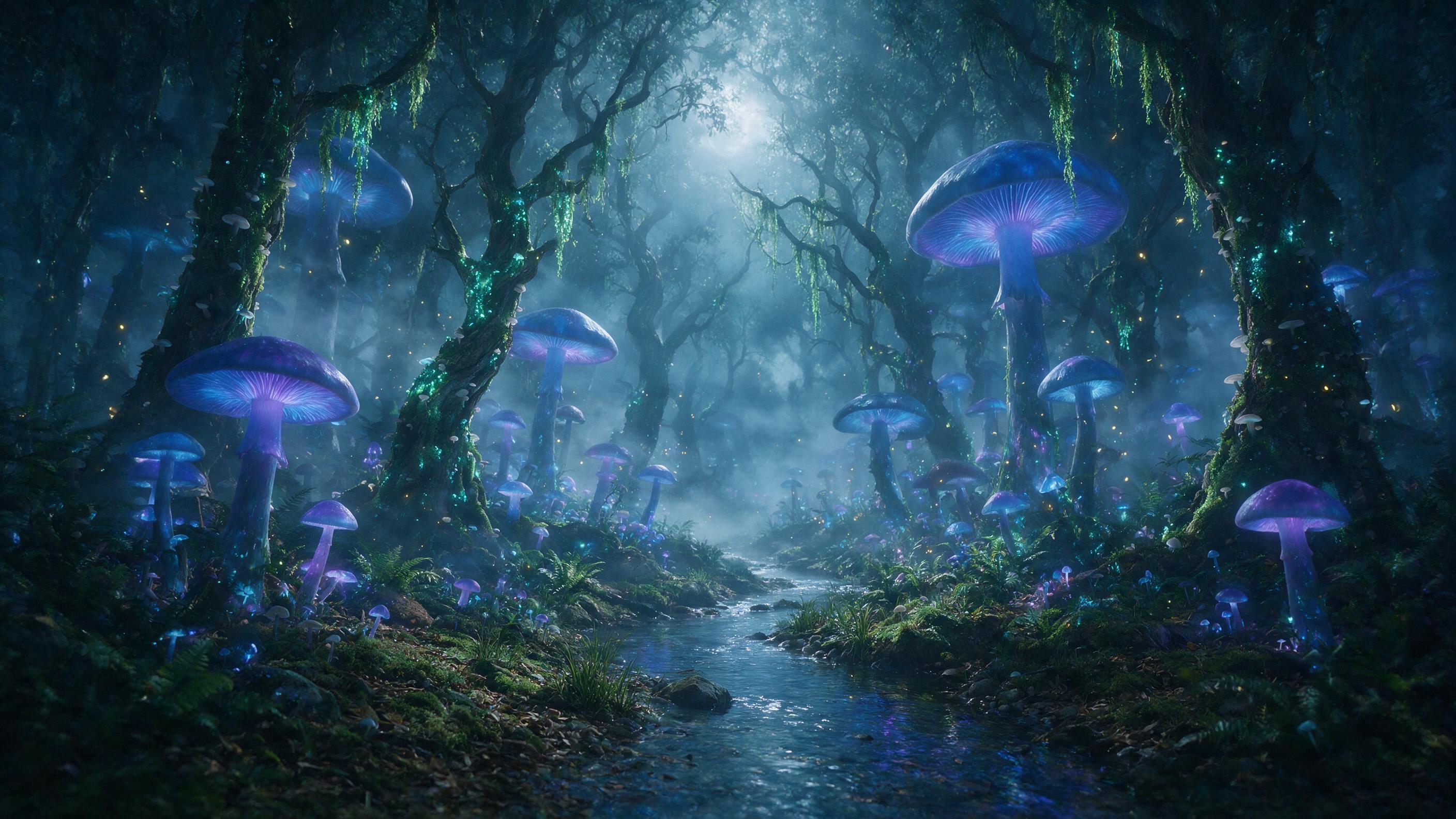 A misty moonlit forest with towering bioluminescent mushrooms casting soft blue and purple light, ancient twisted trees with glowing moss, a small shimmering stream reflecting the moonlight, gentle fog rolling between the trunks, ethereal fireflies floating in the air, cinematic composition, soft vo