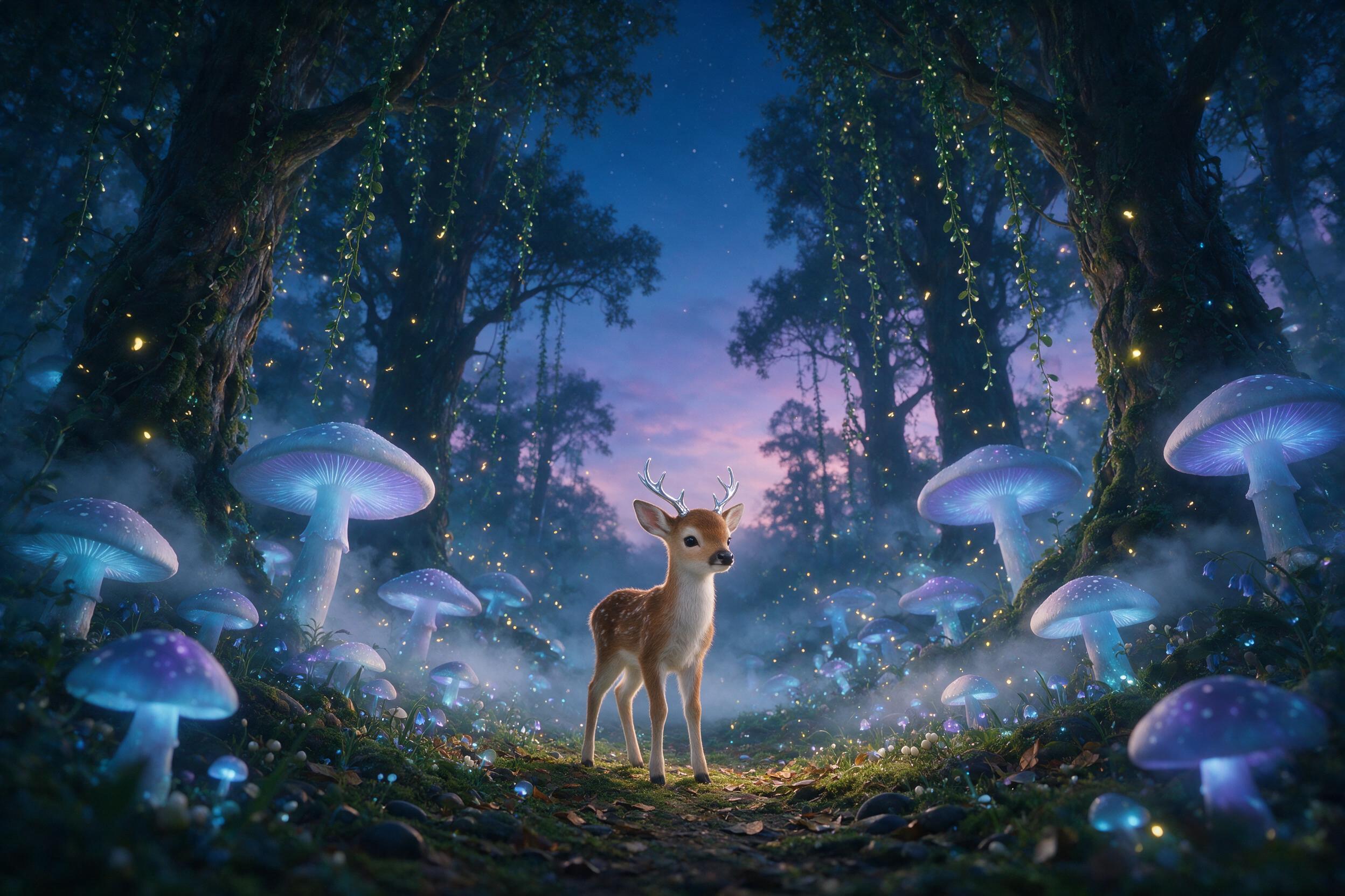 A bioluminescent forest at twilight, where giant glowing mushrooms and hanging vines emit soft blue and violet light, a small deer with silver antlers stands on a mossy path, fireflies drift like stars, mist swirls low, shot from a low angle, depth of field