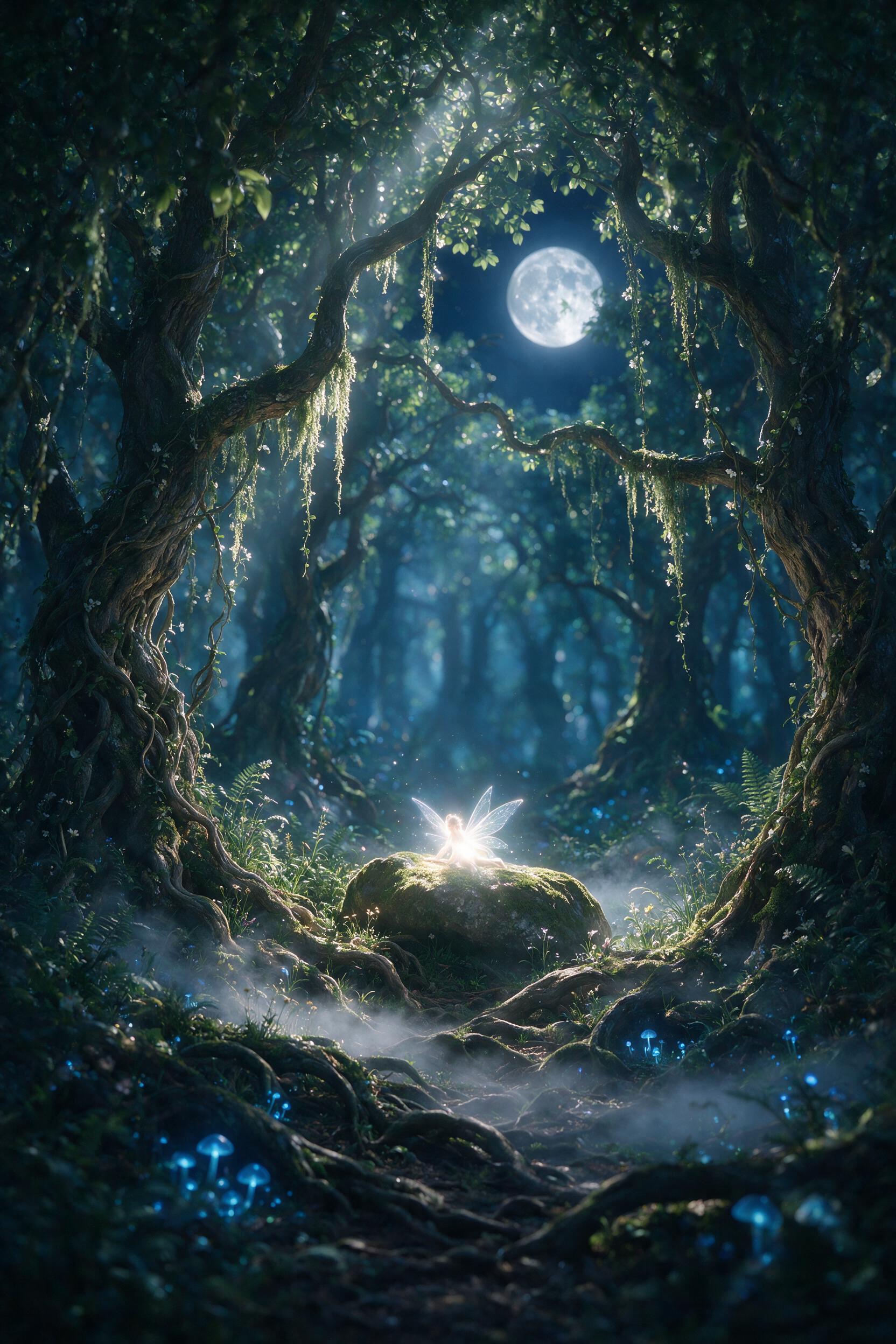 A luminous fairy with translucent wings rests on a moss-covered stone in a moonlit ancient forest, glowing blue mushrooms dot the ground, soft mist weaves between twisted tree roots, ethereal light rays pierce through the canopy, dreamy atmosphere with shallow depth of field