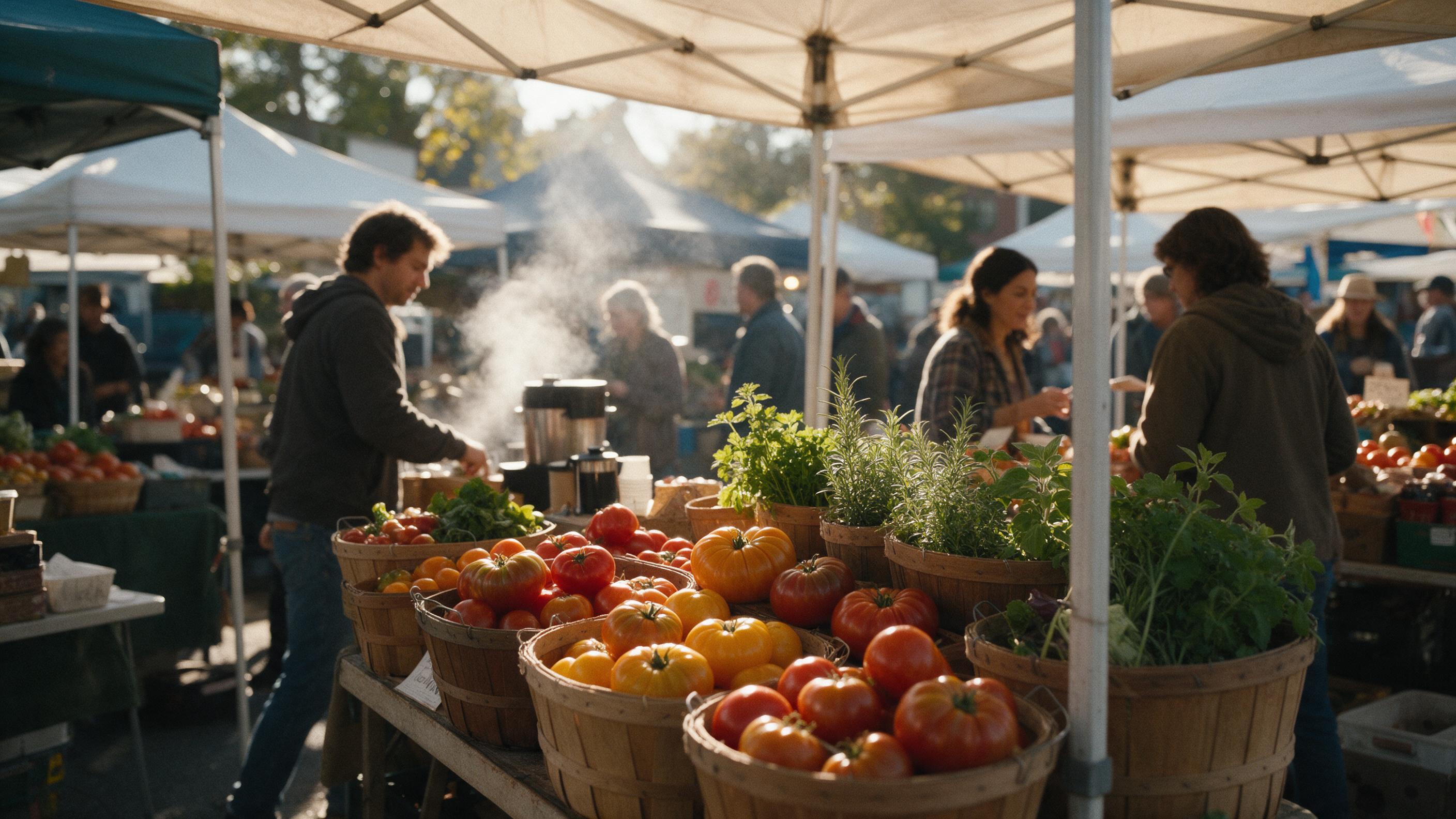 Cozy corner at a weekend farmers market, morning sun filtering through canvas awnings, baskets of heirloom tomatoes and fresh herbs, steam rising from a coffee stand, people in casual clothes browsing, shallow depth of field, warm color palette, natural film grain, slight camera shake.