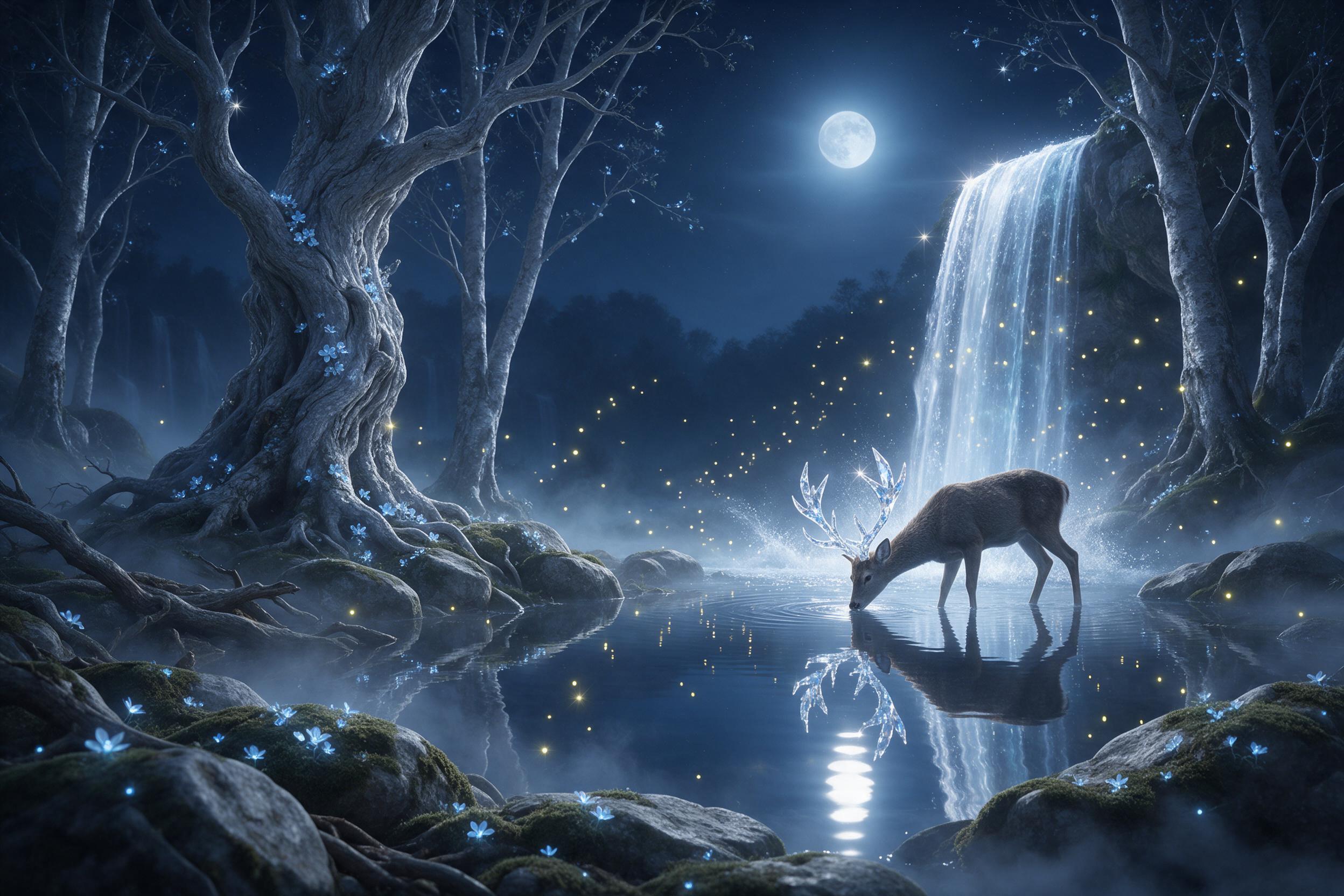 A moonlit forest clearing with a glowing, translucent waterfall cascading into a mirrored pool. Ancient trees have silver bark and luminescent blue flowers. Fireflies drift in spirals, casting soft reflections. Mist curls around mossy stones. A lone deer with antlers of crystal stands drinking, its 