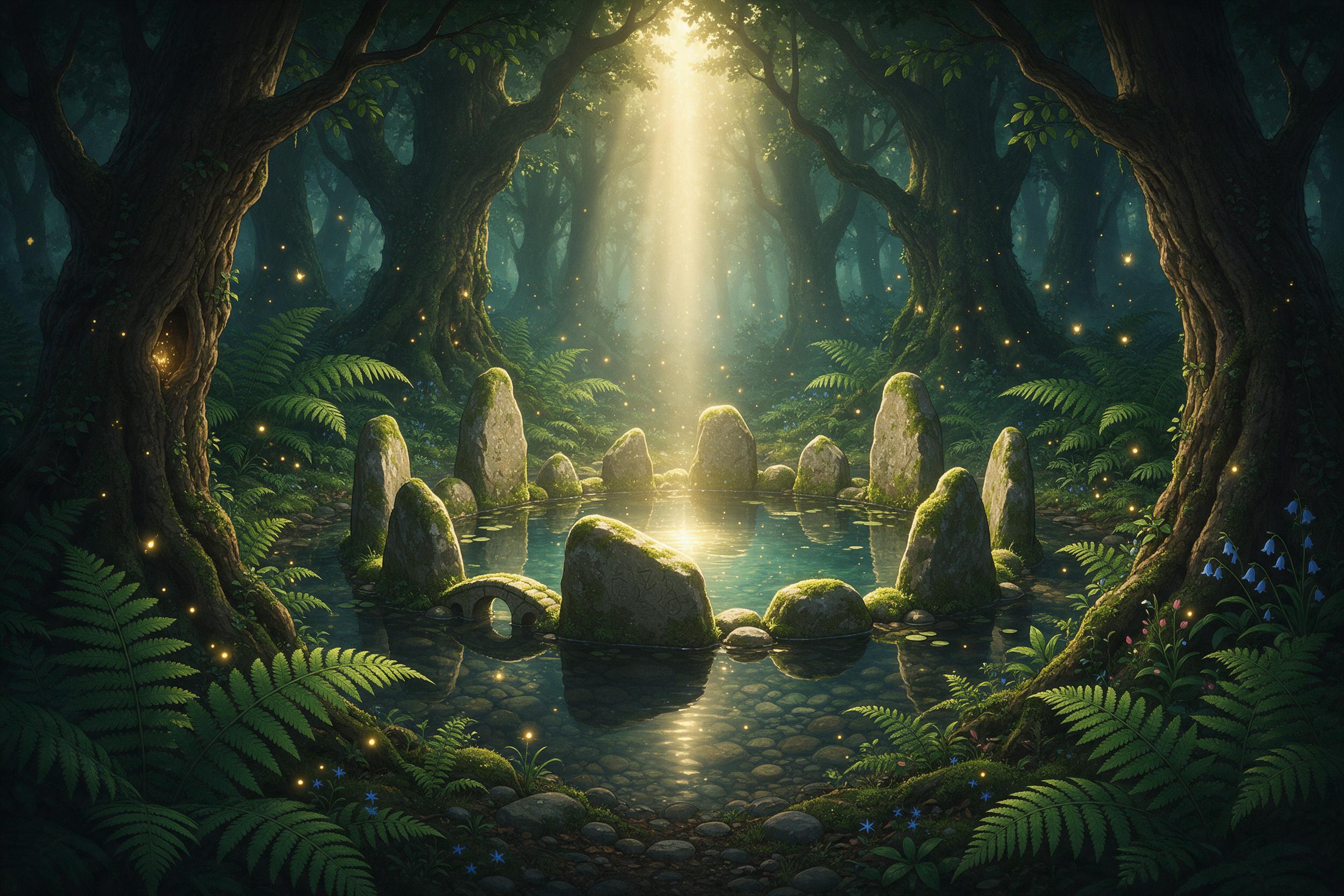 A hidden fairy glade in an ancient forest, mossy stones circle a crystal-clear pond, soft fireflies drift between giant ferns, a single shaft of golden sunlight pierces the canopy, gentle mist, ethereal atmosphere, detailed fantasy illustration