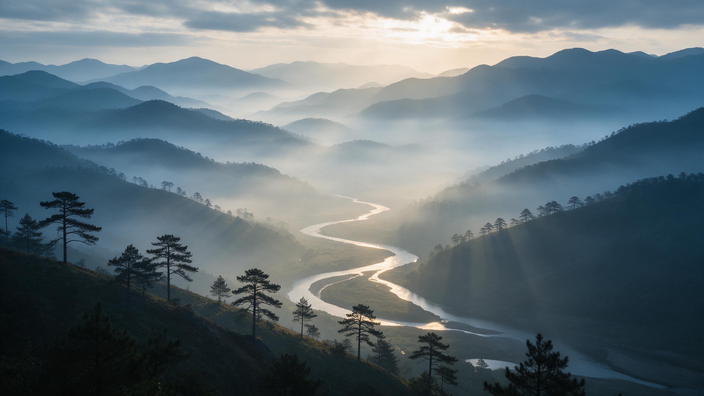 A misty mountain valley at dawn, with layers of overlapping ridges fading into soft blue fog. Warm golden sunlight breaks through the clouds, casting long shadows over a winding river below. Pine trees dot the slopes, their silhouettes crisp in the foreground. Composition: leading lines from the riv