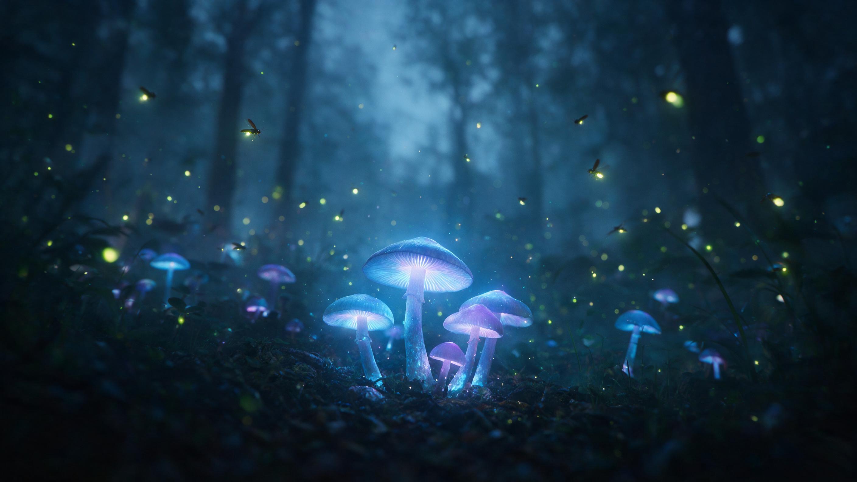 Glowing bioluminescent mushrooms in a misty, dark forest, soft blue and purple light, fireflies floating, ethereal atmosphere, low angle composition, shallow depth of field, natural lighting from mushrooms, slight haze, cinematic mood