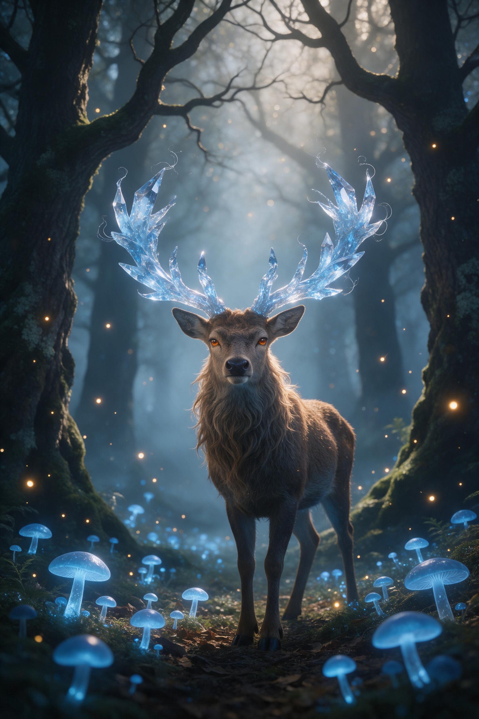 In an ancient forest glade, a luminescent stag with antlers like twisted crystal stands among glowing blue mushrooms. Mist drifts between towering, moss-covered oaks. Ethereal light filters through canopy, casting soft shadows. Composition focuses on stag's eye and antlers, with fireflies adding war