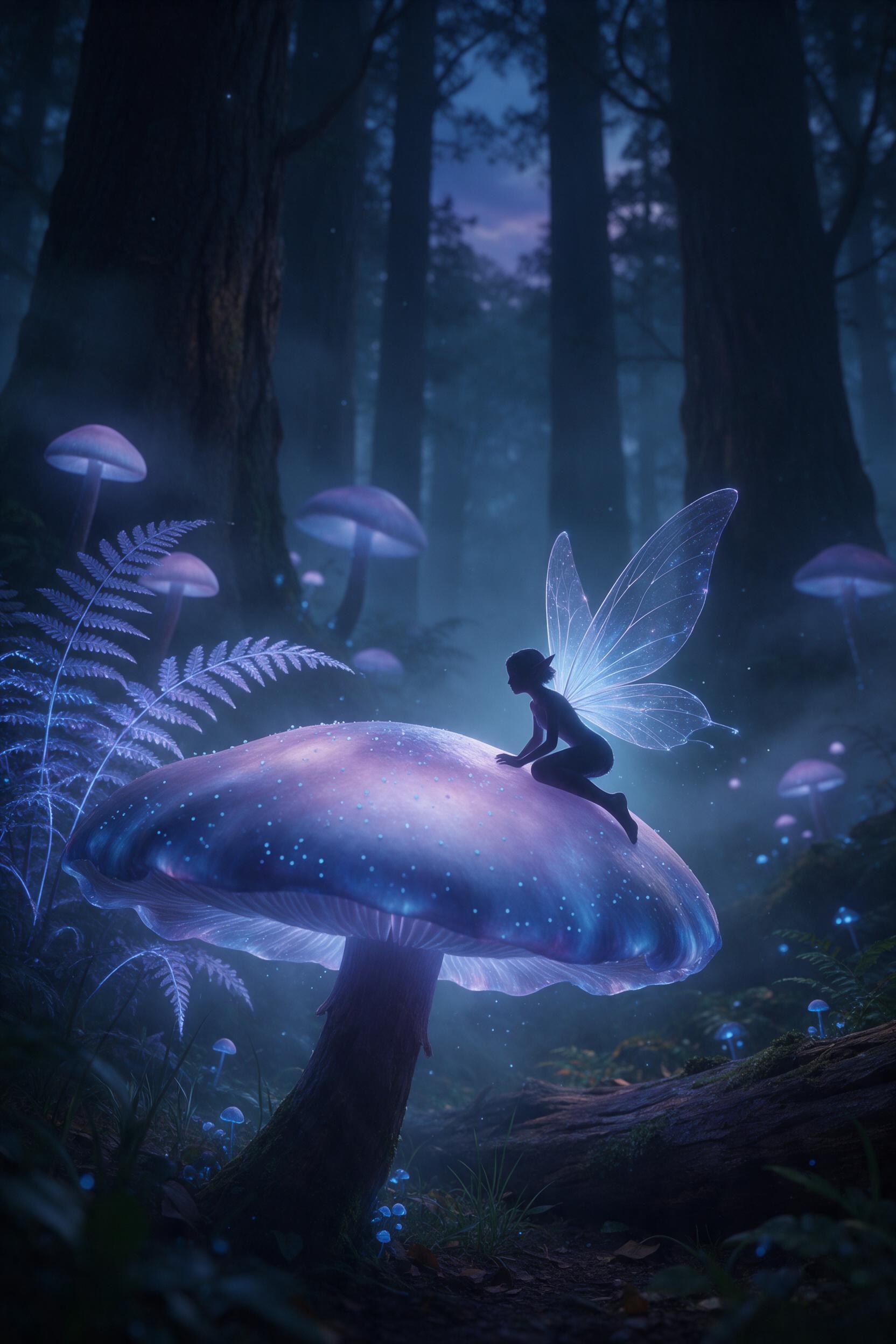 A bioluminescent forest at twilight, giant glowing mushrooms and ferns casting soft blue and purple light, mist weaving through ancient tree trunks, a tiny fairy silhouette with translucent wings perched on a glowing mushroom cap, shallow depth of field, ethereal natural lighting with subtle haze, d