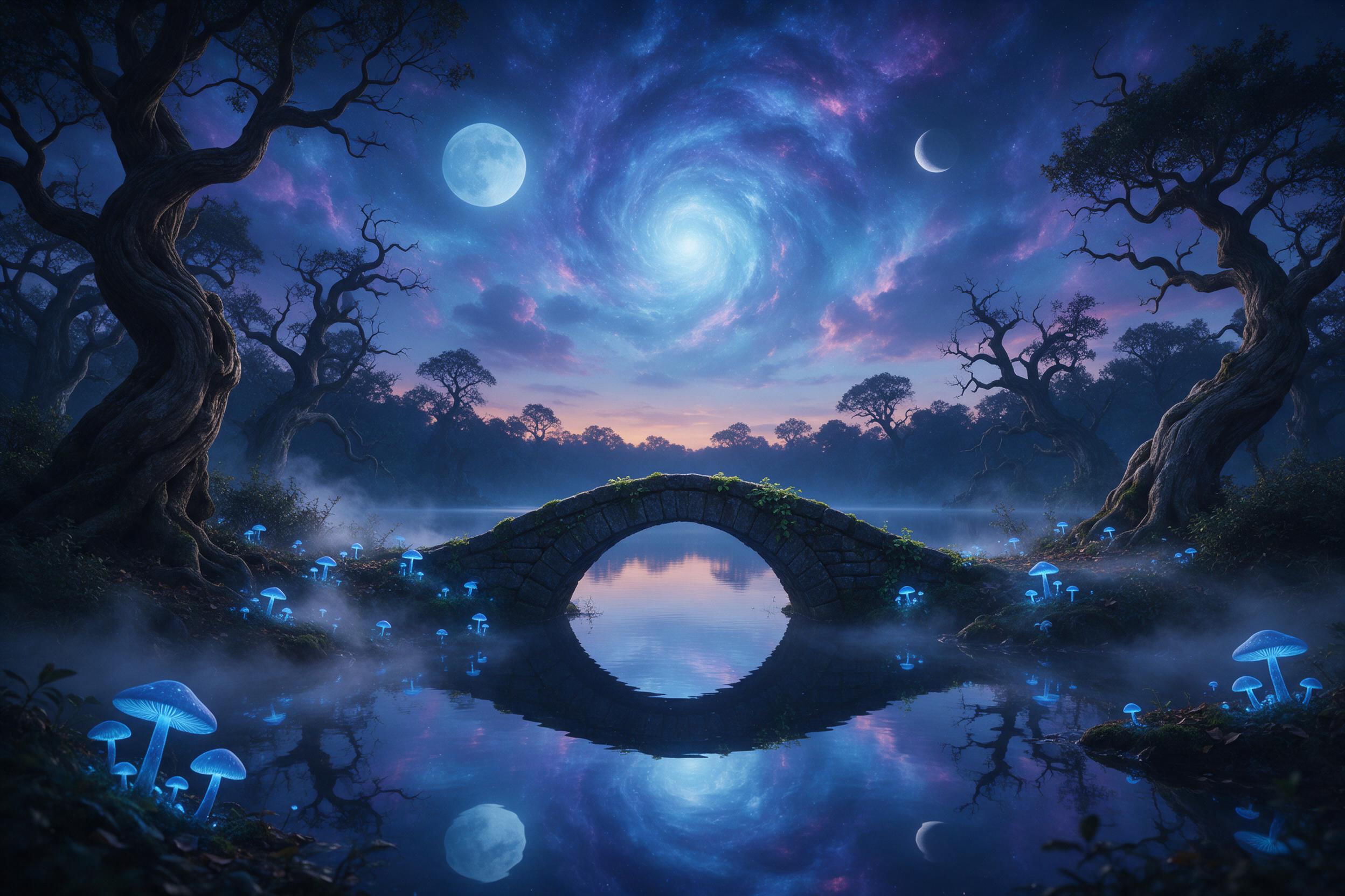 A crystal-clear lake at twilight, surrounded by ancient twisted trees with glowing blue mushrooms. The surface reflects a swirling nebula sky with two moons. Mist drifts across the water, catching faint silver light. A stone bridge arches over the lake, partially overgrown with moss. Composition cen