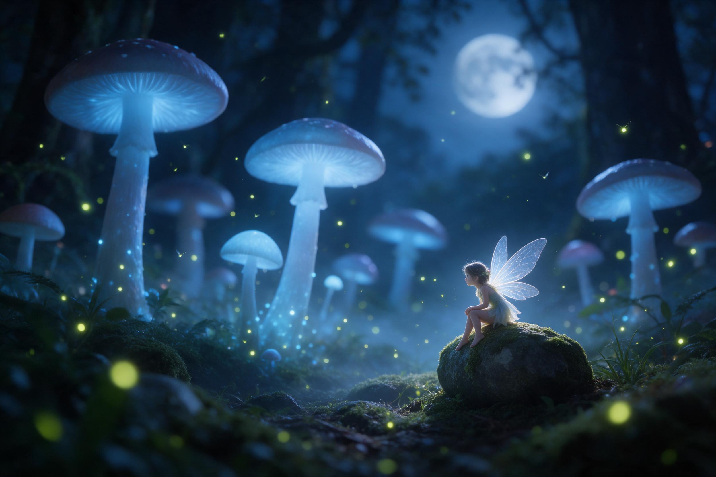 A moonlit ancient forest with towering luminescent mushrooms casting soft blue glow, a small fairy with translucent wings perched on a mossy stone, fireflies drifting through misty air, shallow depth of field, ethereal atmosphere