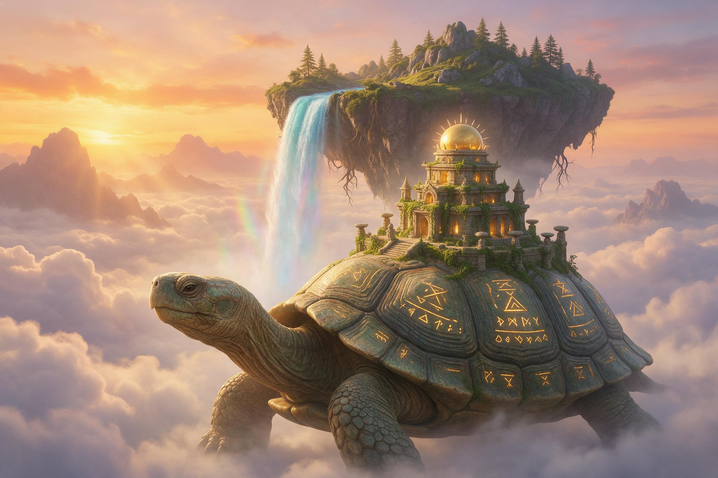 A serene floating island with a crystal-blue waterfall cascading into an endless abyss of clouds at golden hour. A lone giant turtle carries a glowing moss-covered temple on its back, its shell streaked with ancient runes. Sunlight filters through mist, forming a faint rainbow. Composition captures 