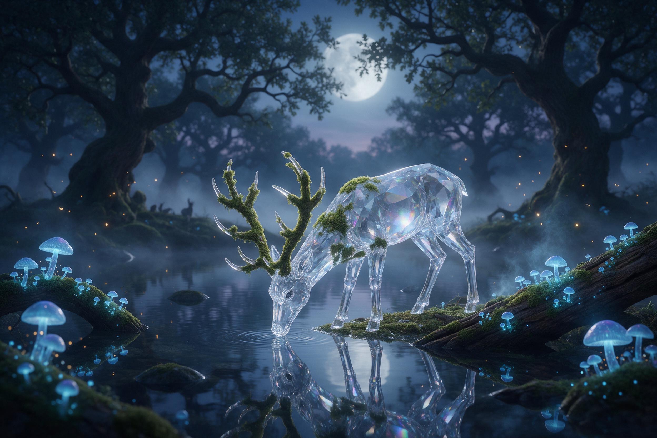 A glowing crystal stag with moss-covered antlers drinks from a mirror-still pond in a twilight forest. Faint moonlight filters through gnarled oaks, while fireflies drift between floating, luminous blue mushrooms. Soft mist, ethereal atmosphere, grounded composition.