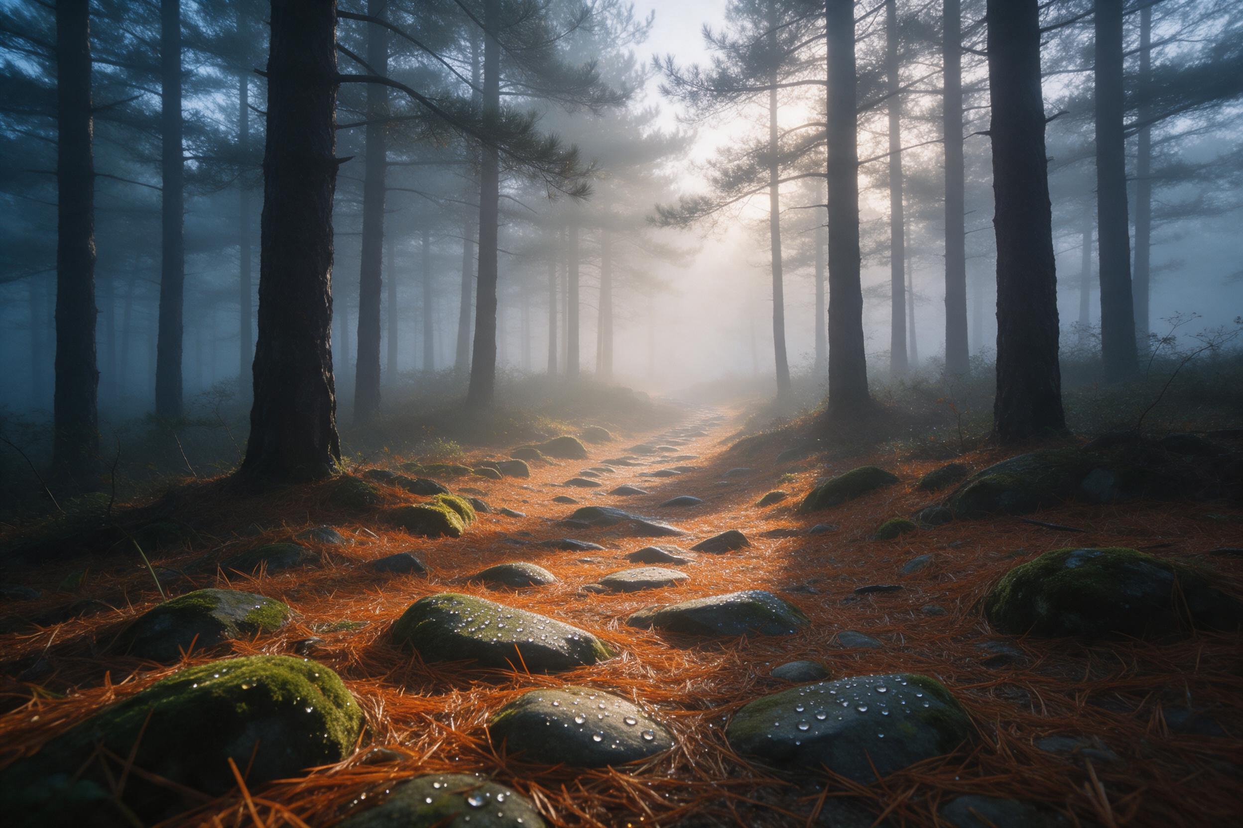 A foggy pine forest at dawn, soft golden light filtering through mist, a narrow winding path covered in fallen orange needles, dew drops on mossy stones, tall silhouetted trees fading into layers of haze, gentle cool blue shadows contrasting with warm sunbeams, serene and quiet atmosphere, viewed fr