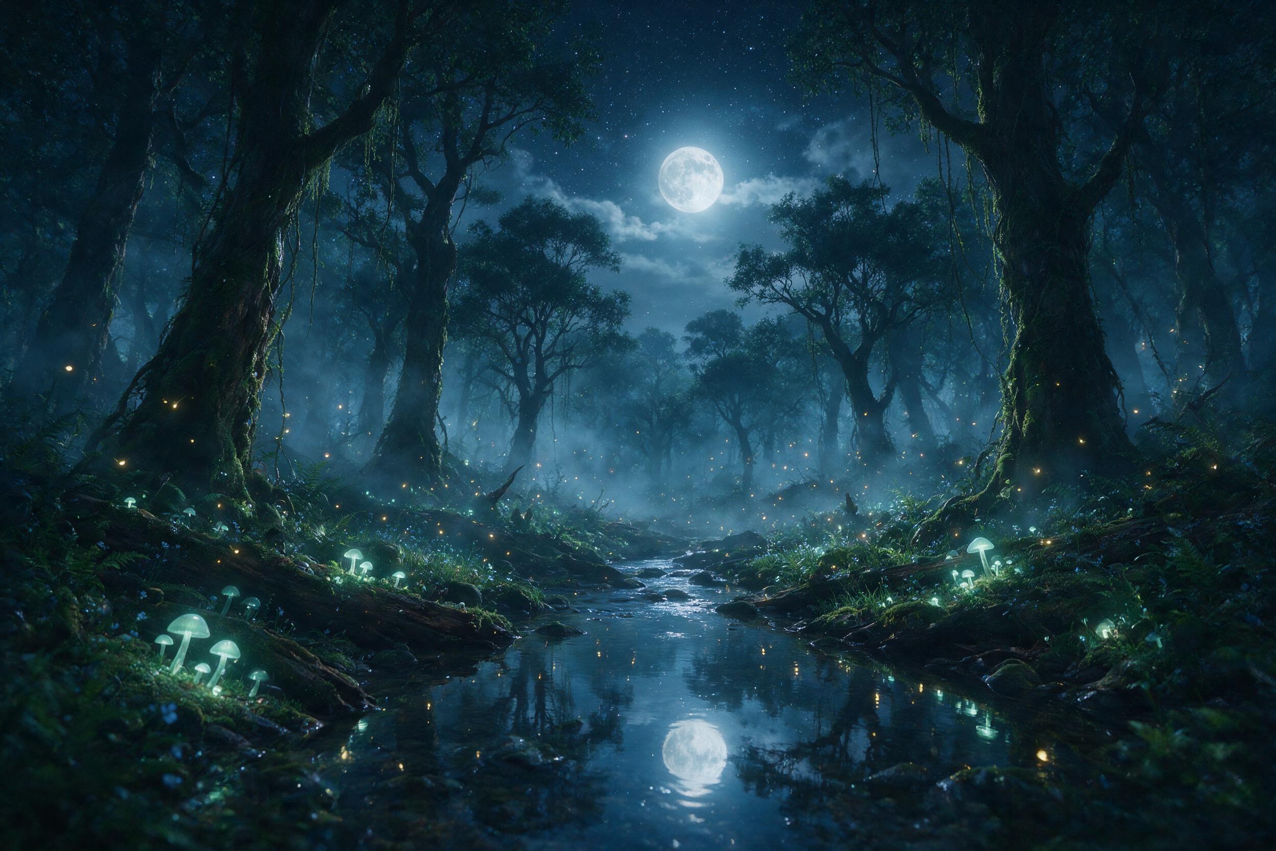 An ethereal moonlit forest, glowing bioluminescent mushrooms and floating fireflies, a winding stream reflecting the starry sky, soft mist between ancient gnarled trees, warm amber and cool blue lighting, shallow depth of field, slight grain, mystical atmosphere