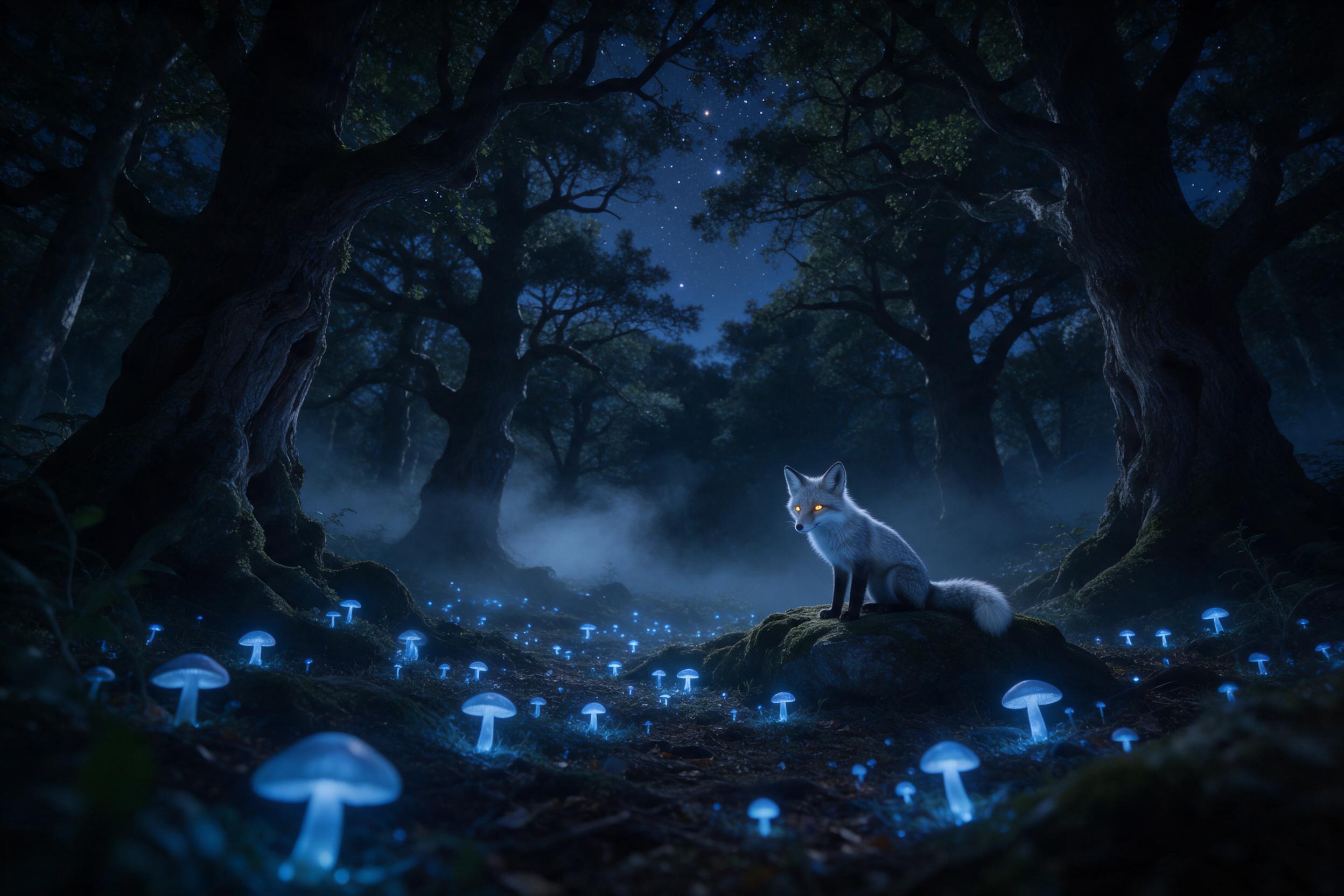 A moonlit forest clearing with bioluminescent mushrooms casting soft blue light, a faint mist curling between ancient gnarled trees, a lone fox with silver fur and glowing amber eyes sitting on a mossy rock, stars visible through the canopy, cool color palette, ethereal atmosphere, shallow depth of 