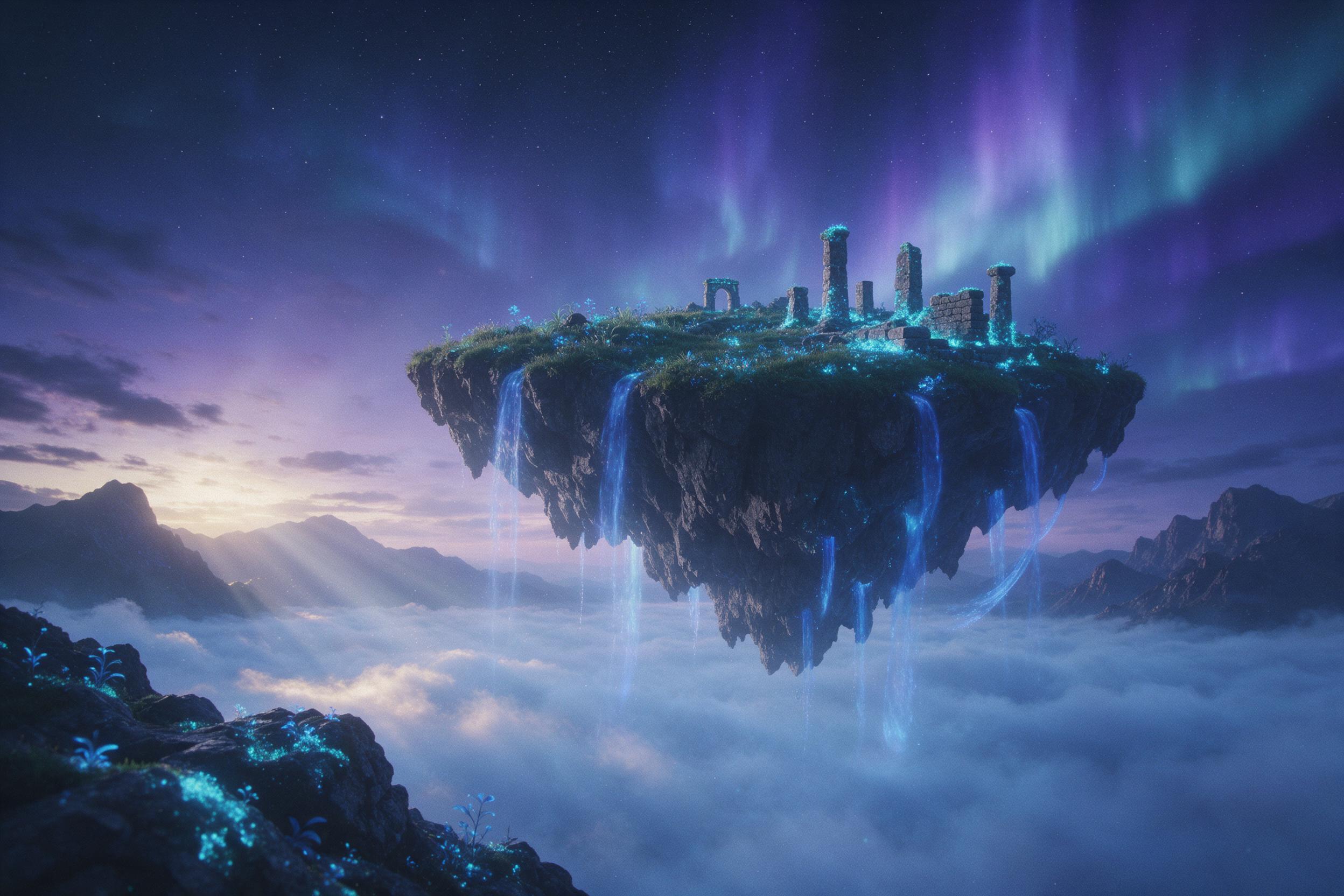 A luminous floating island at twilight, glowing blue waterfalls cascading into a sea of mist, ancient stone ruins overgrown with luminescent moss, ethereal violet and teal aurora in the sky, soft volumetric light, surreal dreamscape, muted film grain